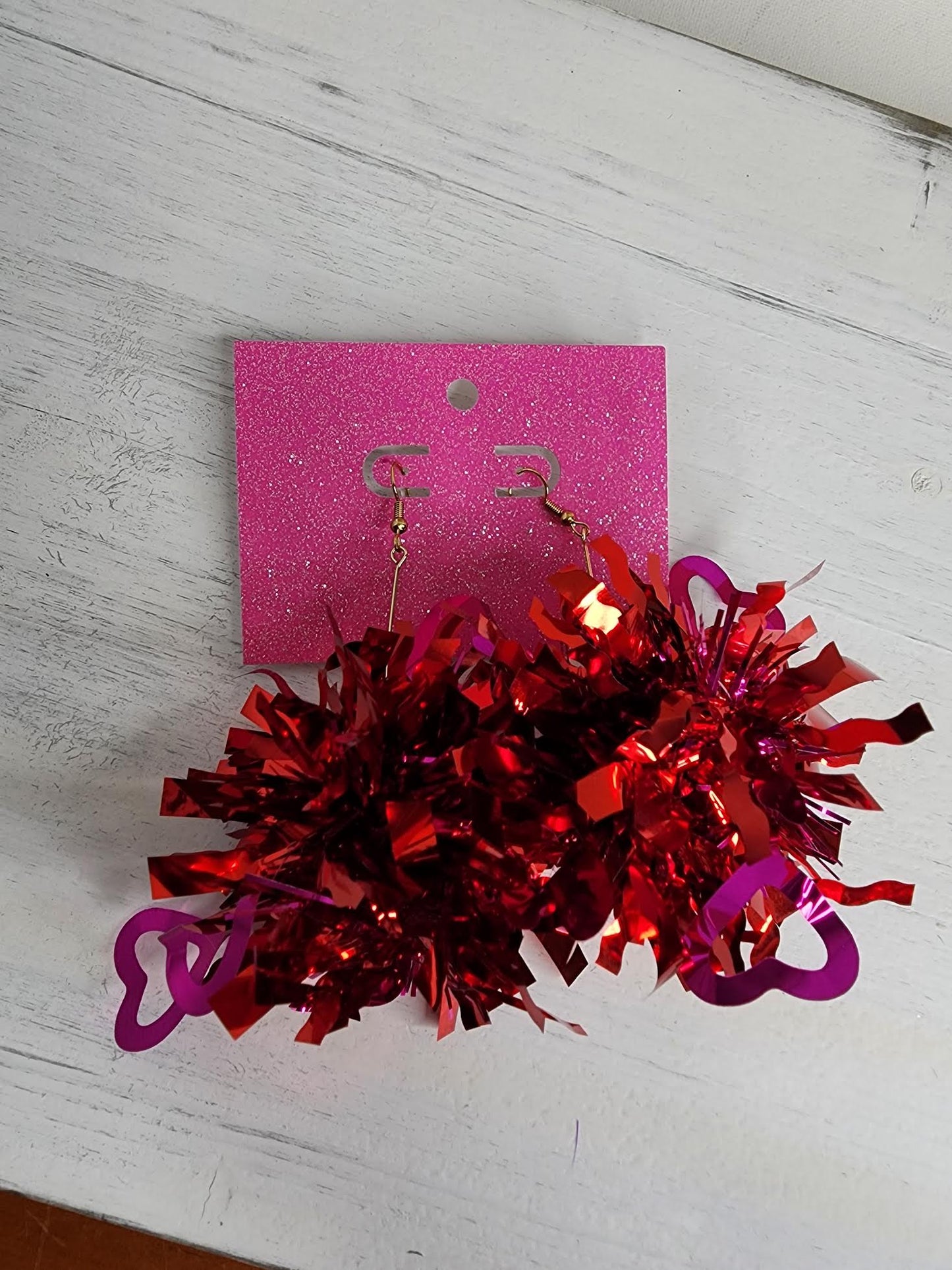 Pink & Red Valentine's Heart Tinsel Earrings