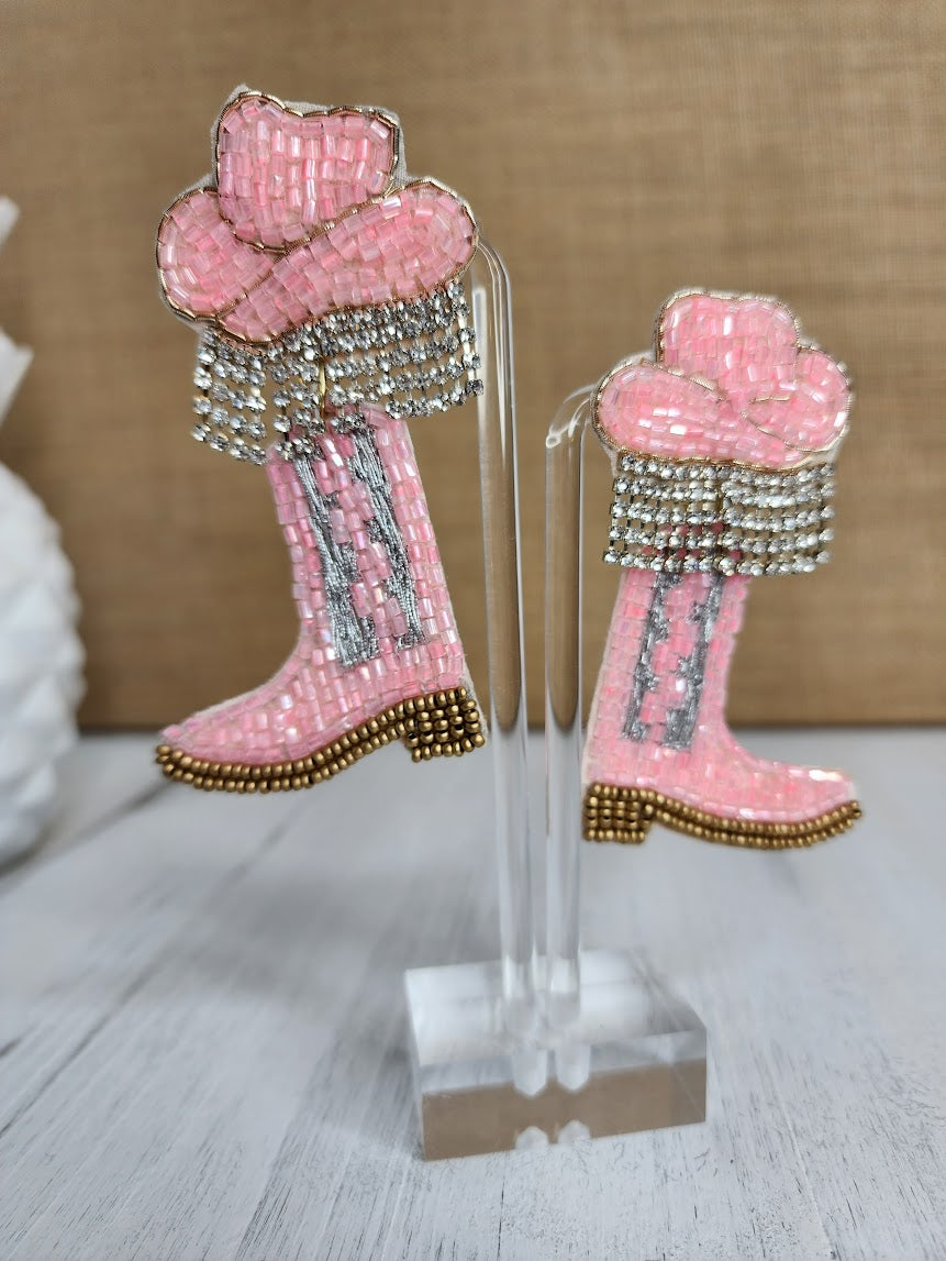 Cowgirl Boot And Hat Seed Beaded Drop Earrings - Pink