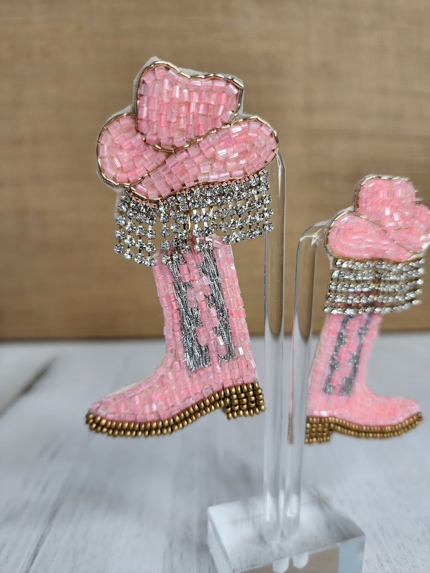 Cowgirl Boot And Hat Seed Beaded Drop Earrings - Pink