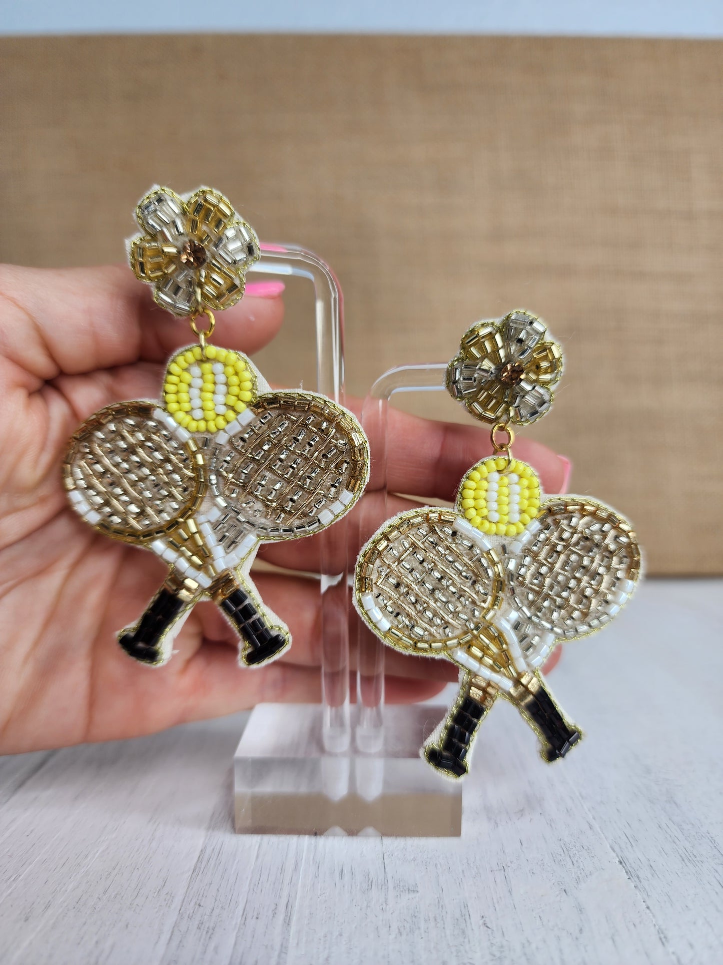 Double Racket Beaded Tennis Earrings - Silver