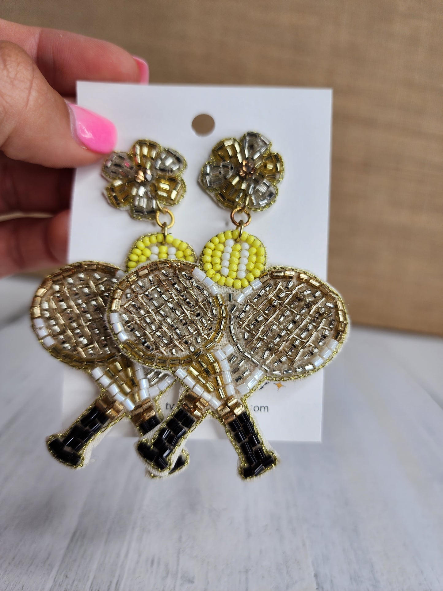 Double Racket Beaded Tennis Earrings - Silver