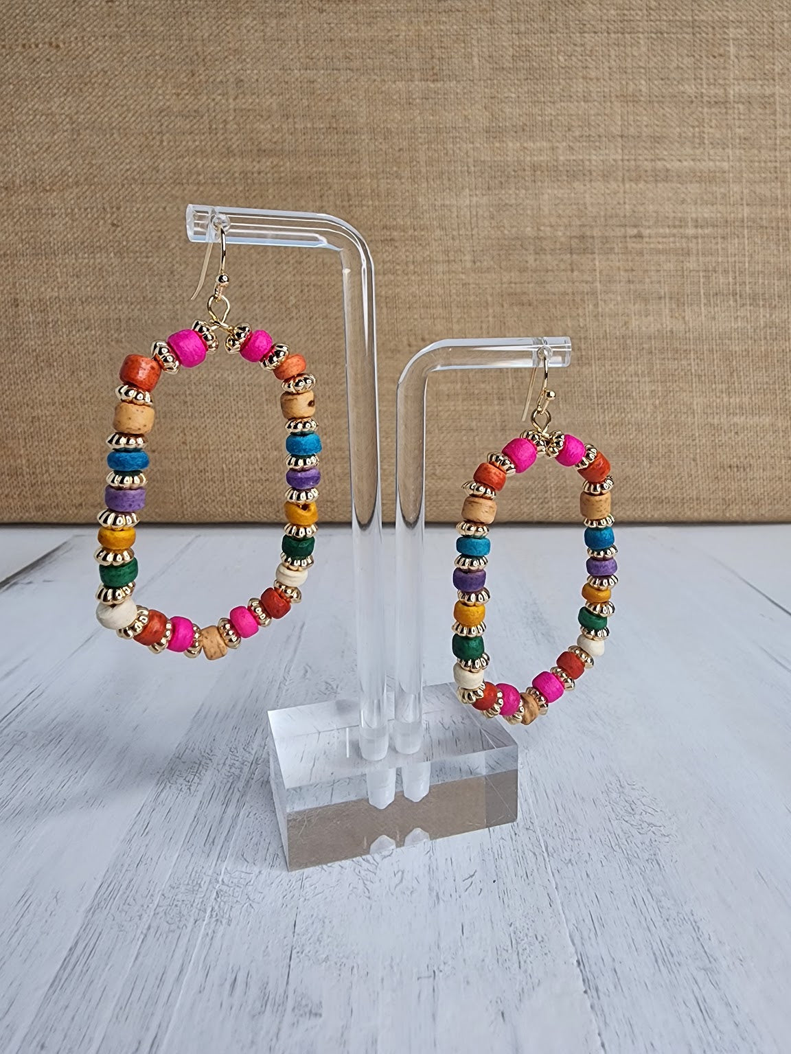 Wood Bead Mix Hexagon Shape Earrings