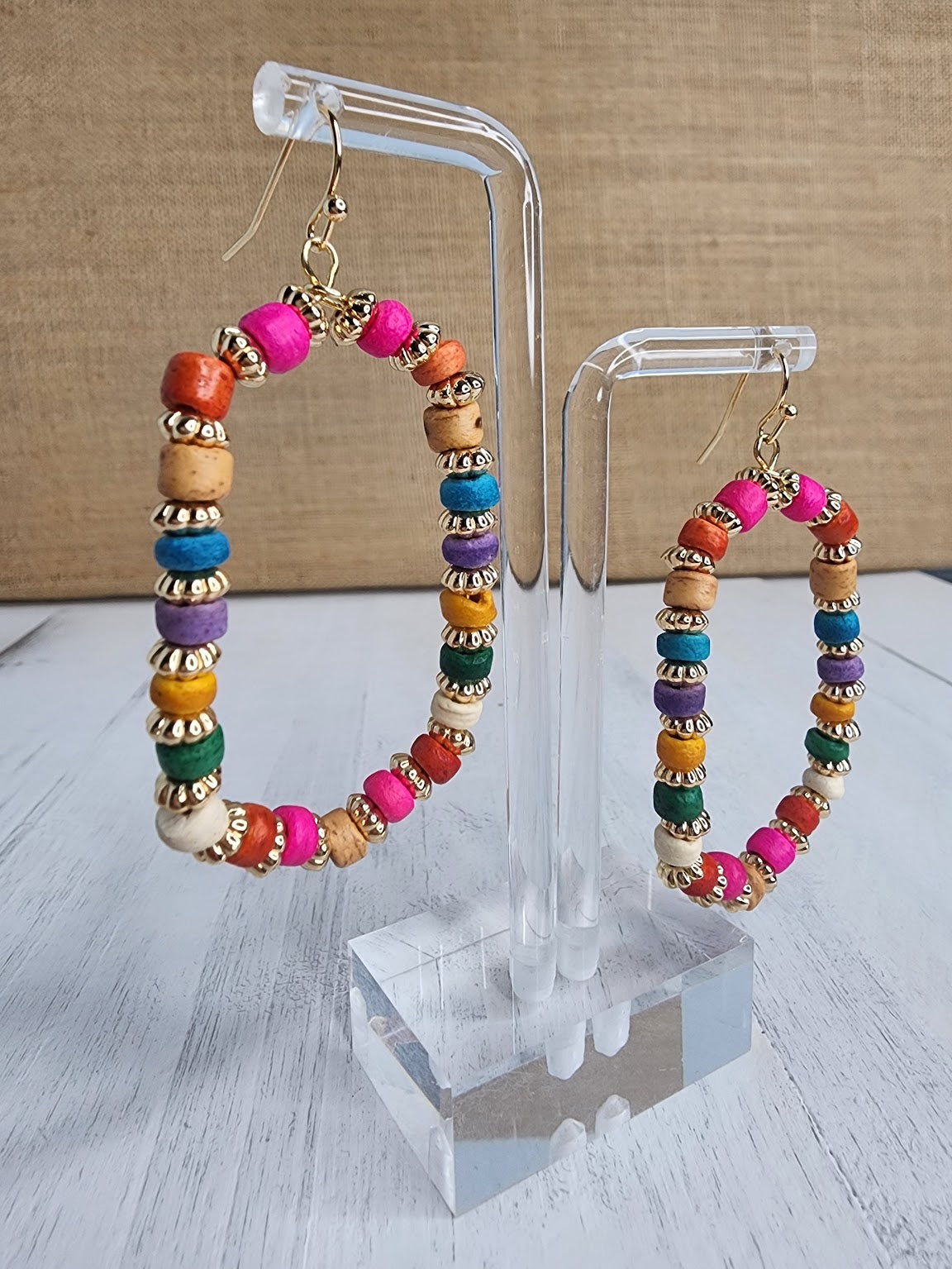 Wood Bead Mix Hexagon Shape Earrings