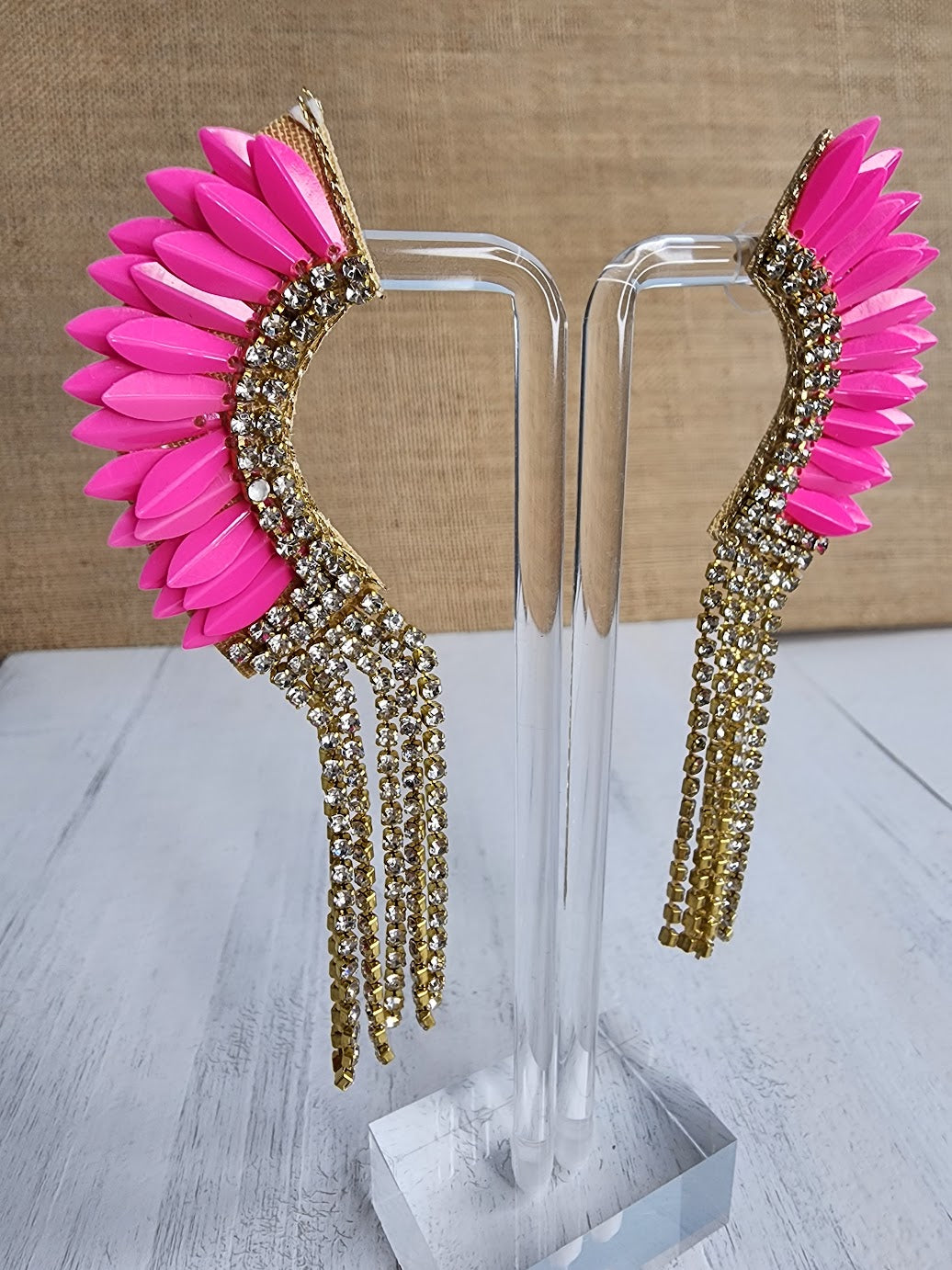 Wing & Gold Cup Chain Earrings - Pink