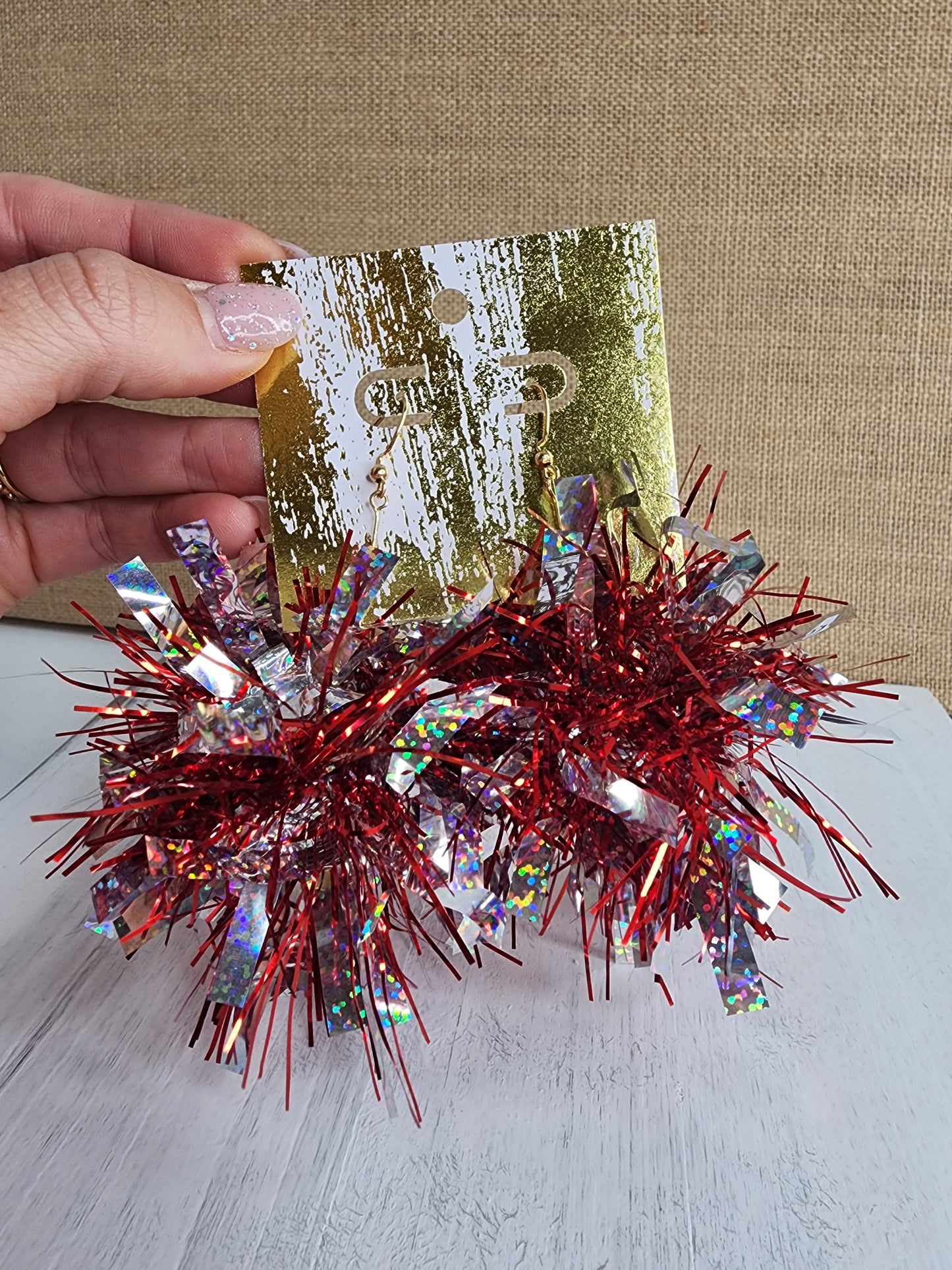Red & Silver Pom Pom Tinsel Earrings