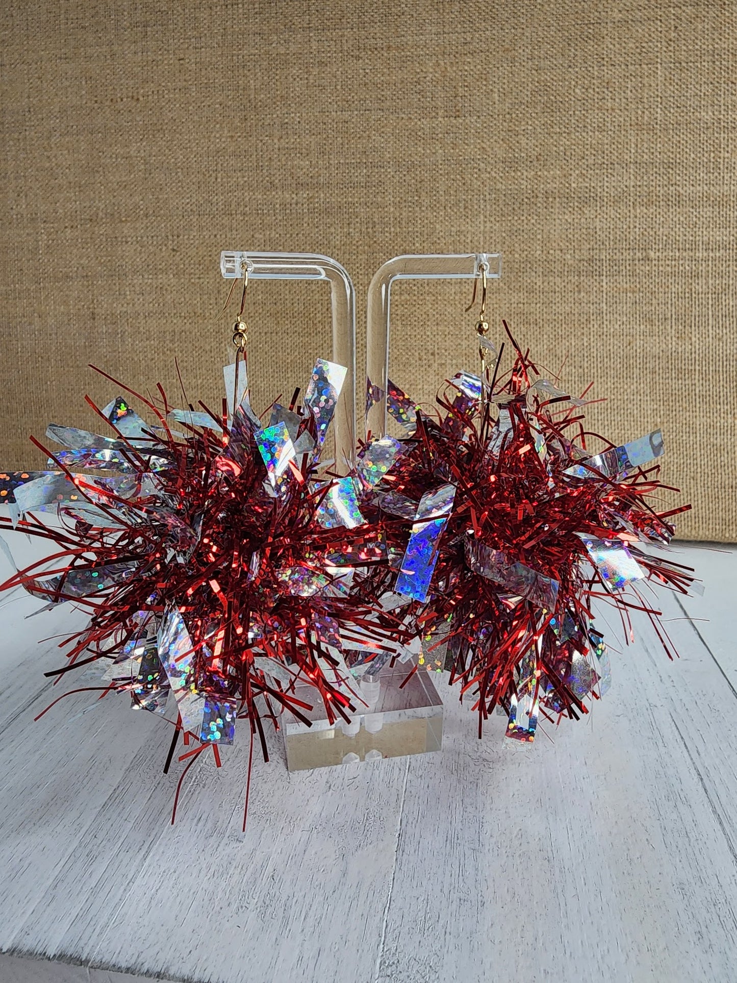 Red & Silver Pom Pom Tinsel Earrings
