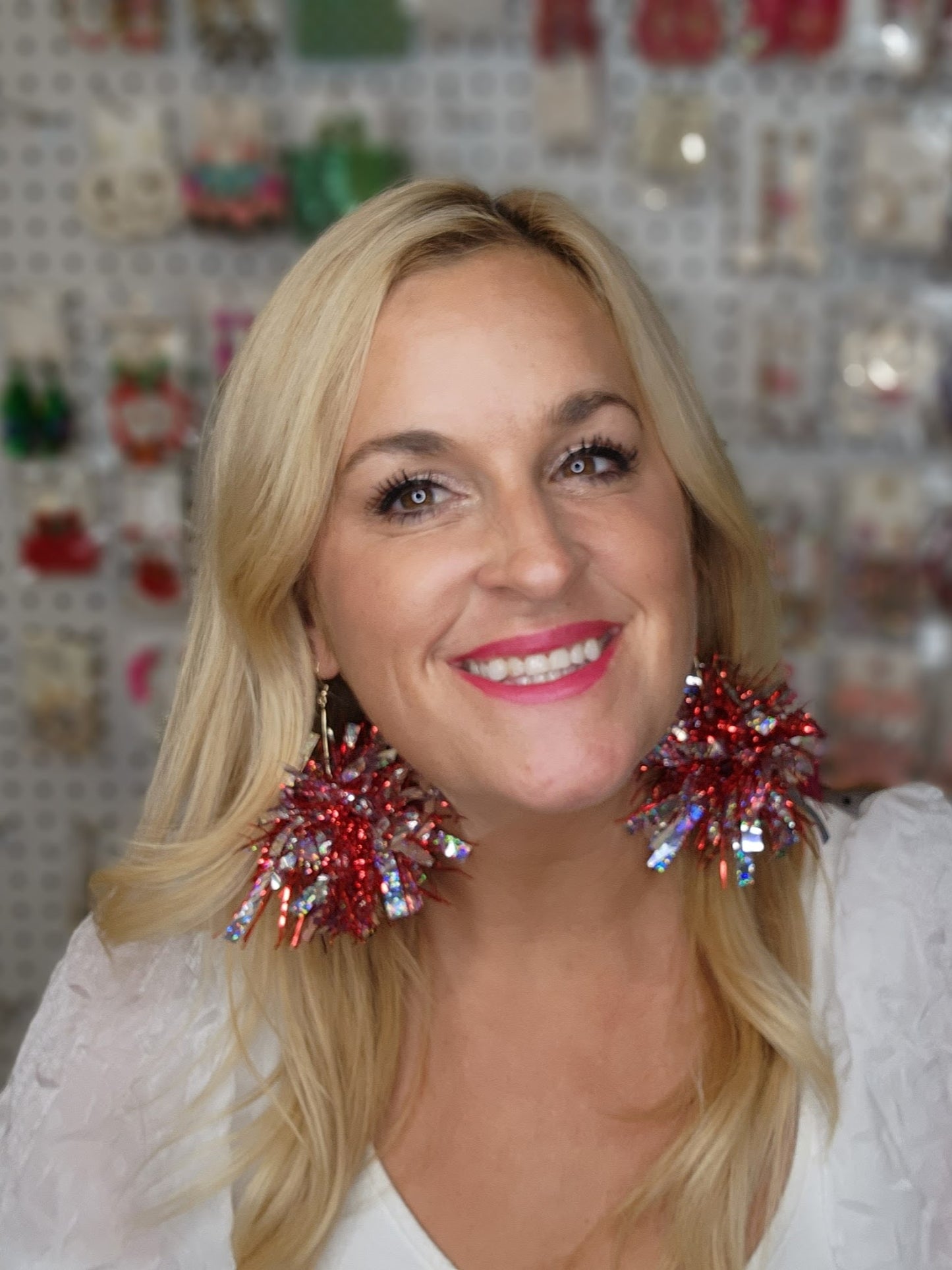 Red & Silver Pom Pom Tinsel Earrings