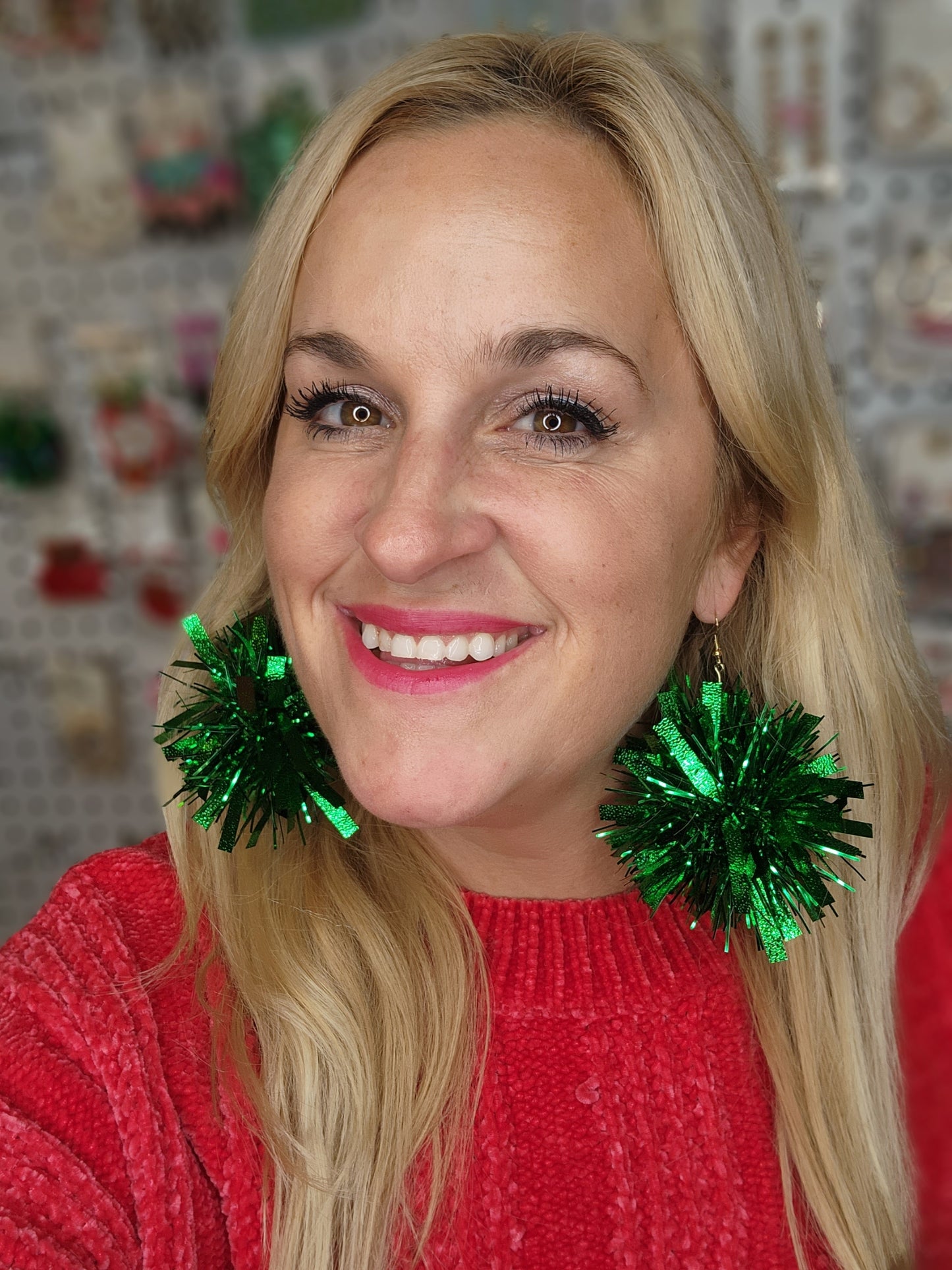Green Pom Pom Tinsel Earrings