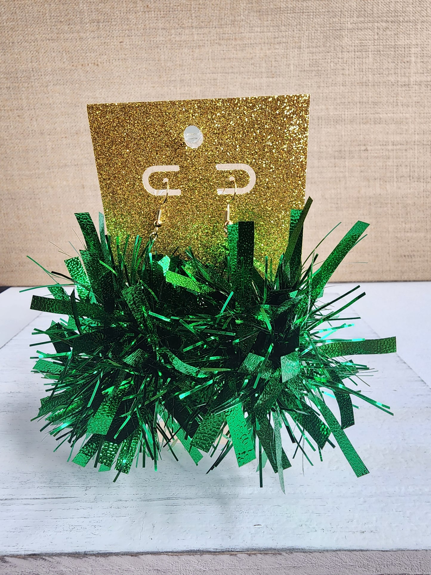 Green Pom Pom Tinsel Earrings