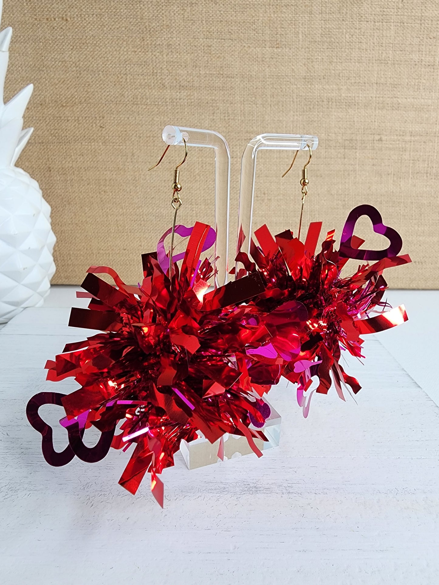 Pink & Red Valentine's Heart Tinsel Earrings