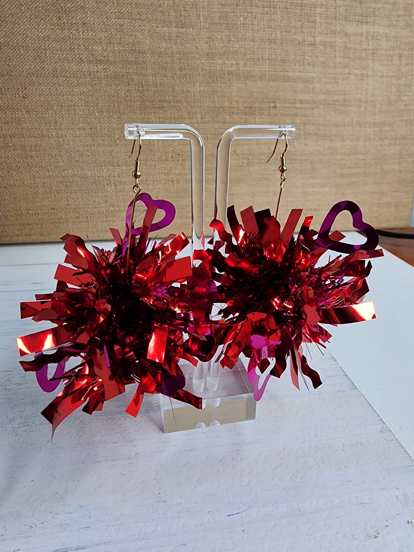 Pink & Red Valentine's Heart Tinsel Earrings