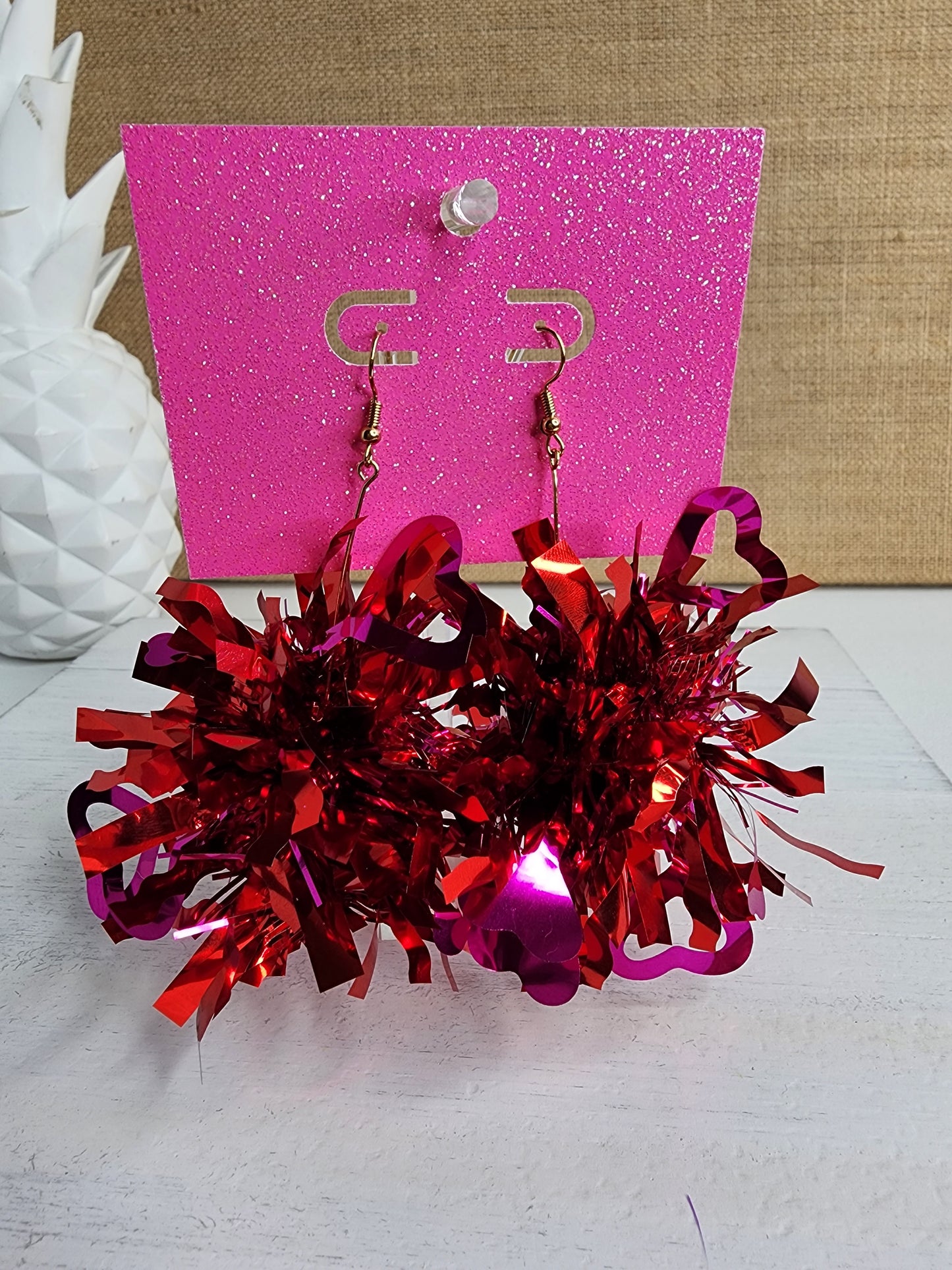 Pink & Red Valentine's Heart Tinsel Earrings
