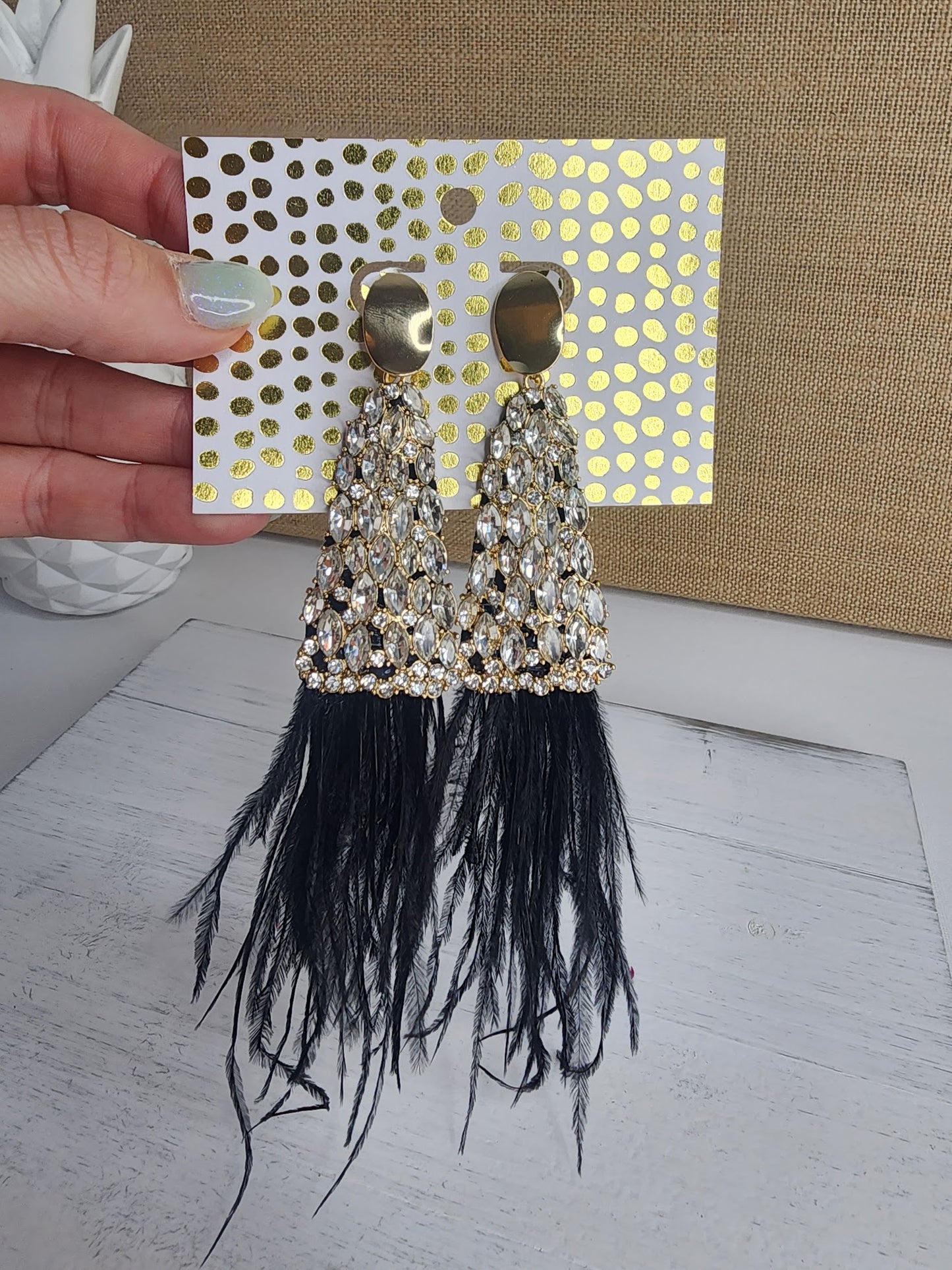 Crystal Triangle & Feather Earrings