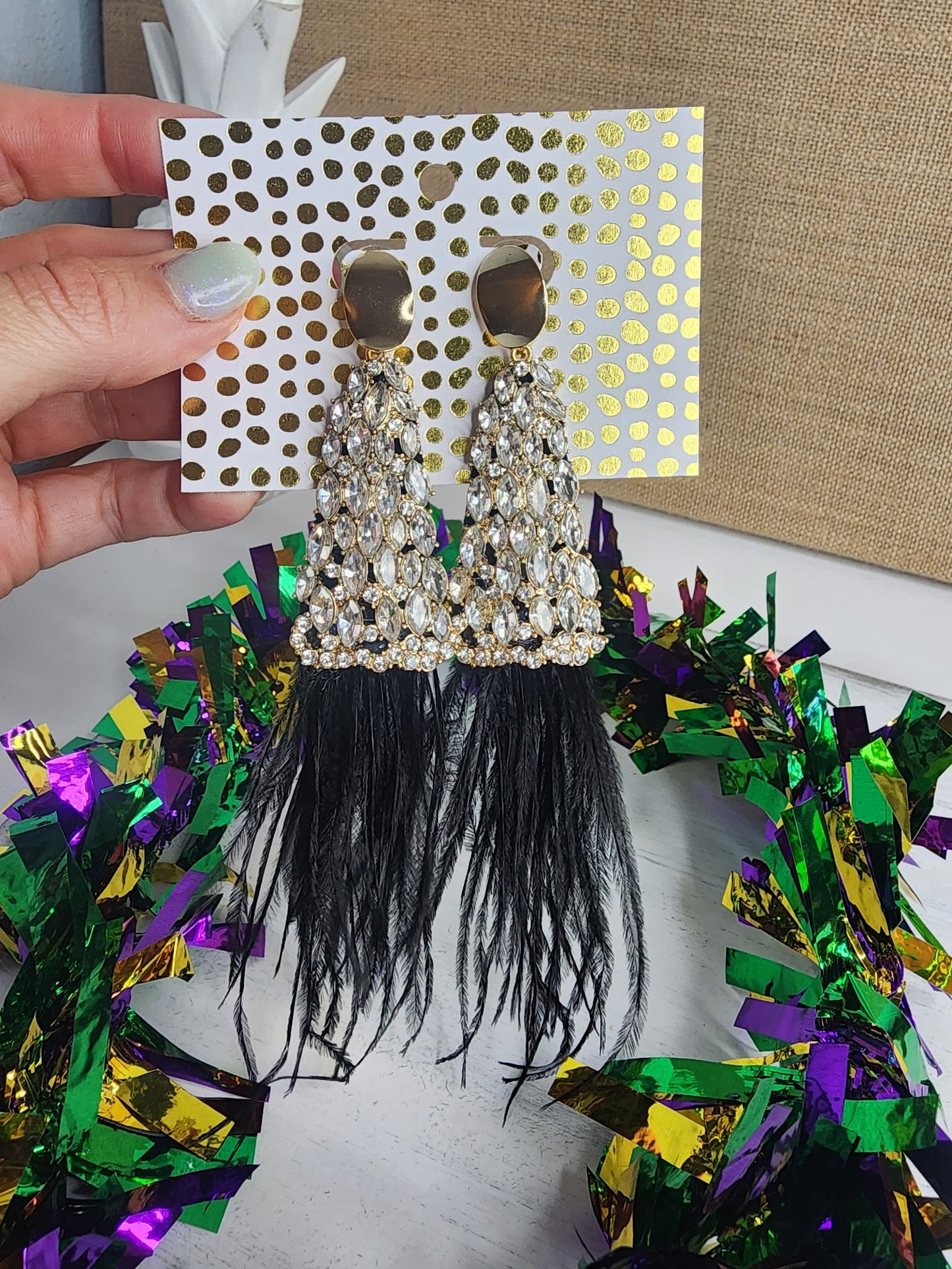 Crystal Triangle & Feather Earrings