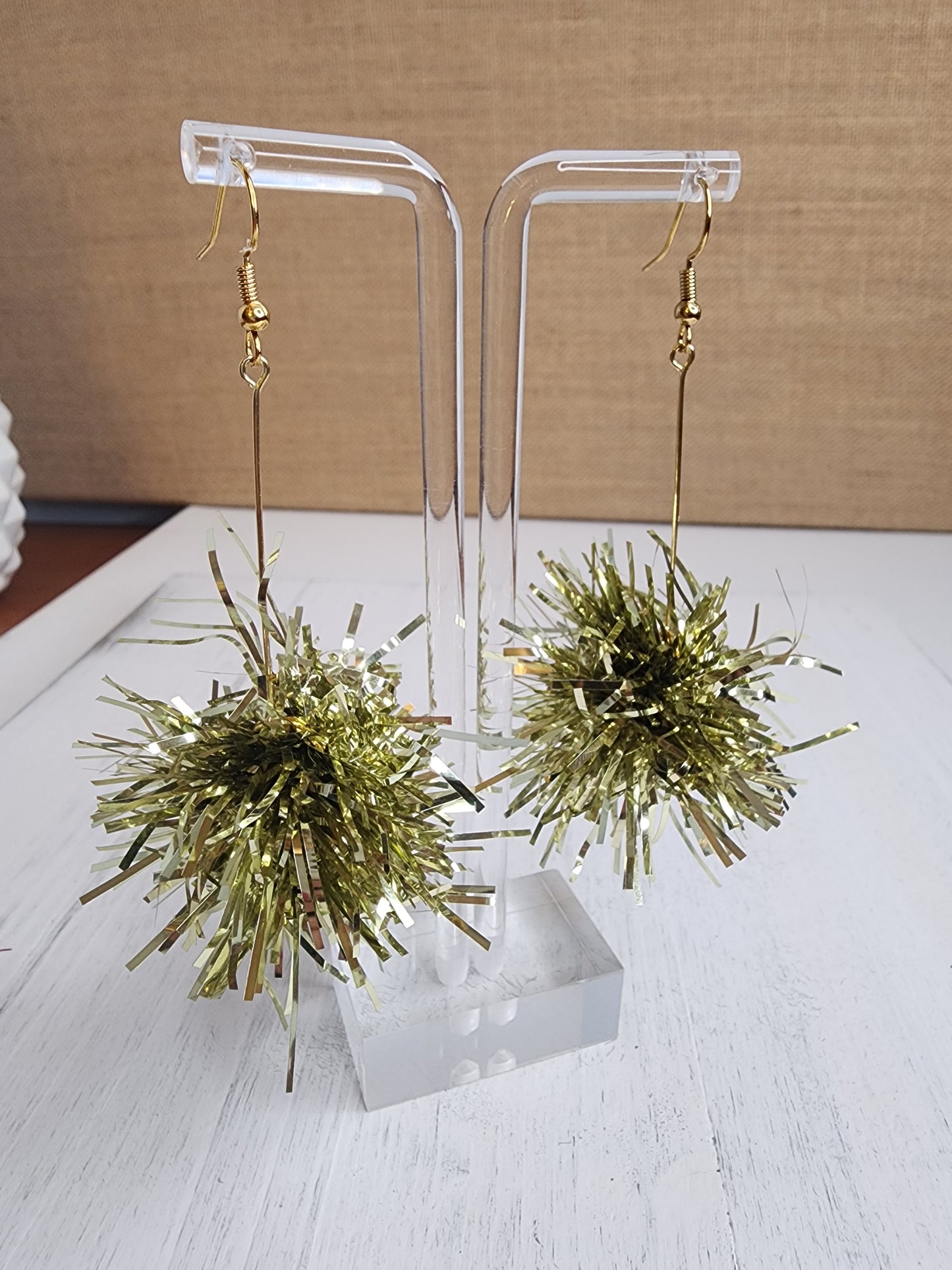 Small Gold Pom Pom Tinsel Earrings