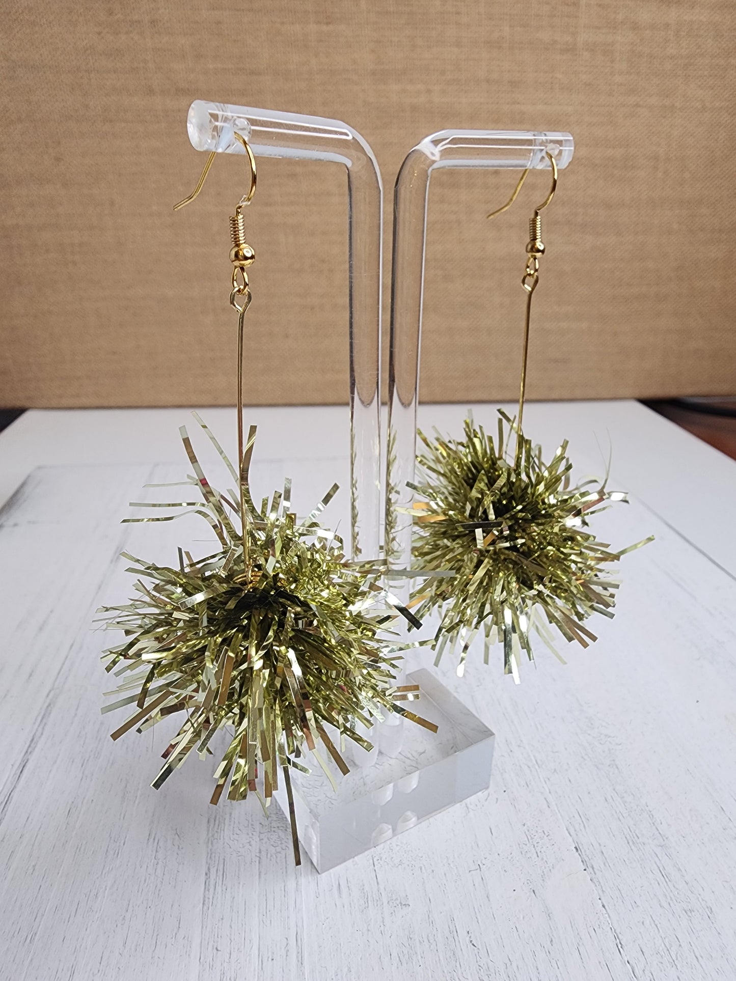 Small Gold Pom Pom Tinsel Earrings