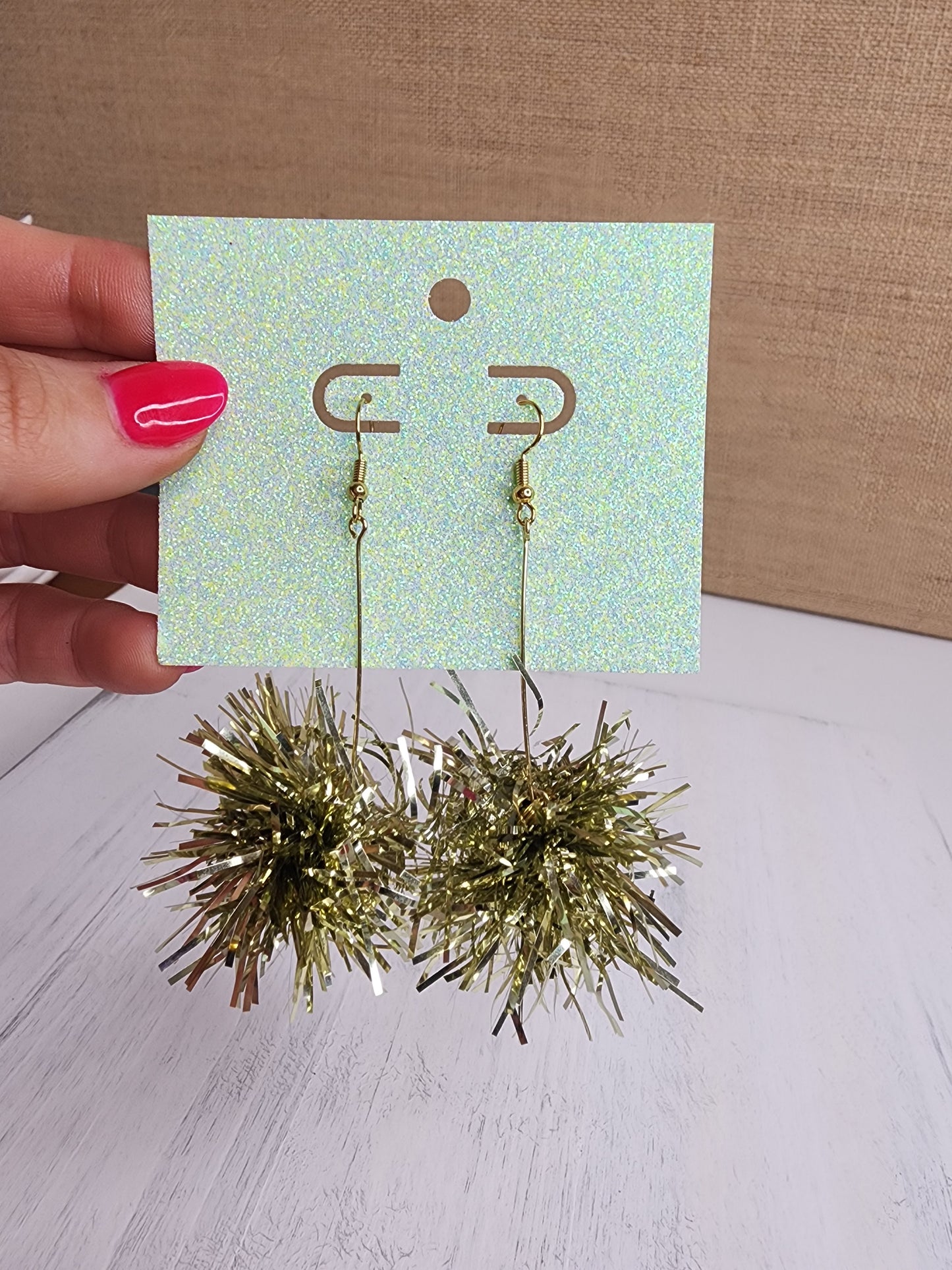Small Gold Pom Pom Tinsel Earrings