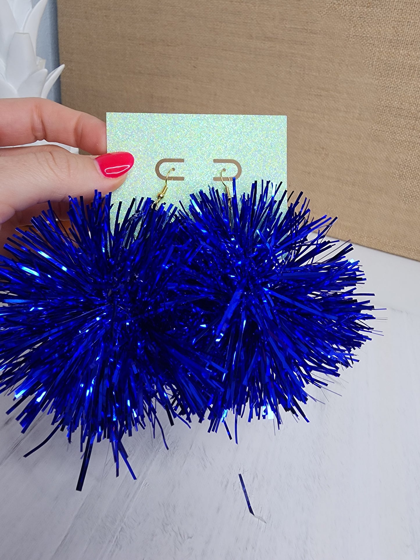 Dark Blue Pom Pom Tinsel Earrings