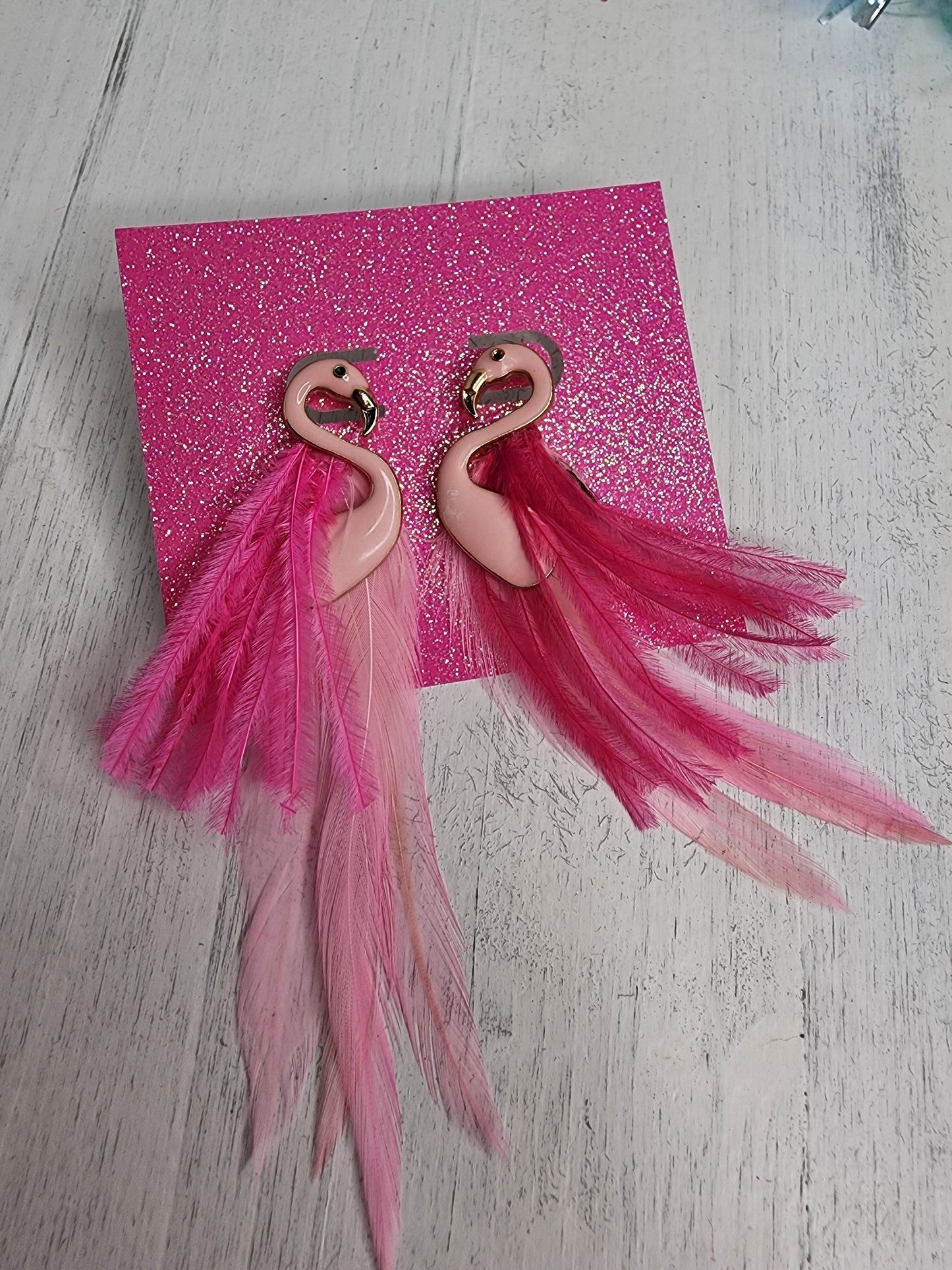 Epoxy Flamingo & Feather Earrings (Light Pink)