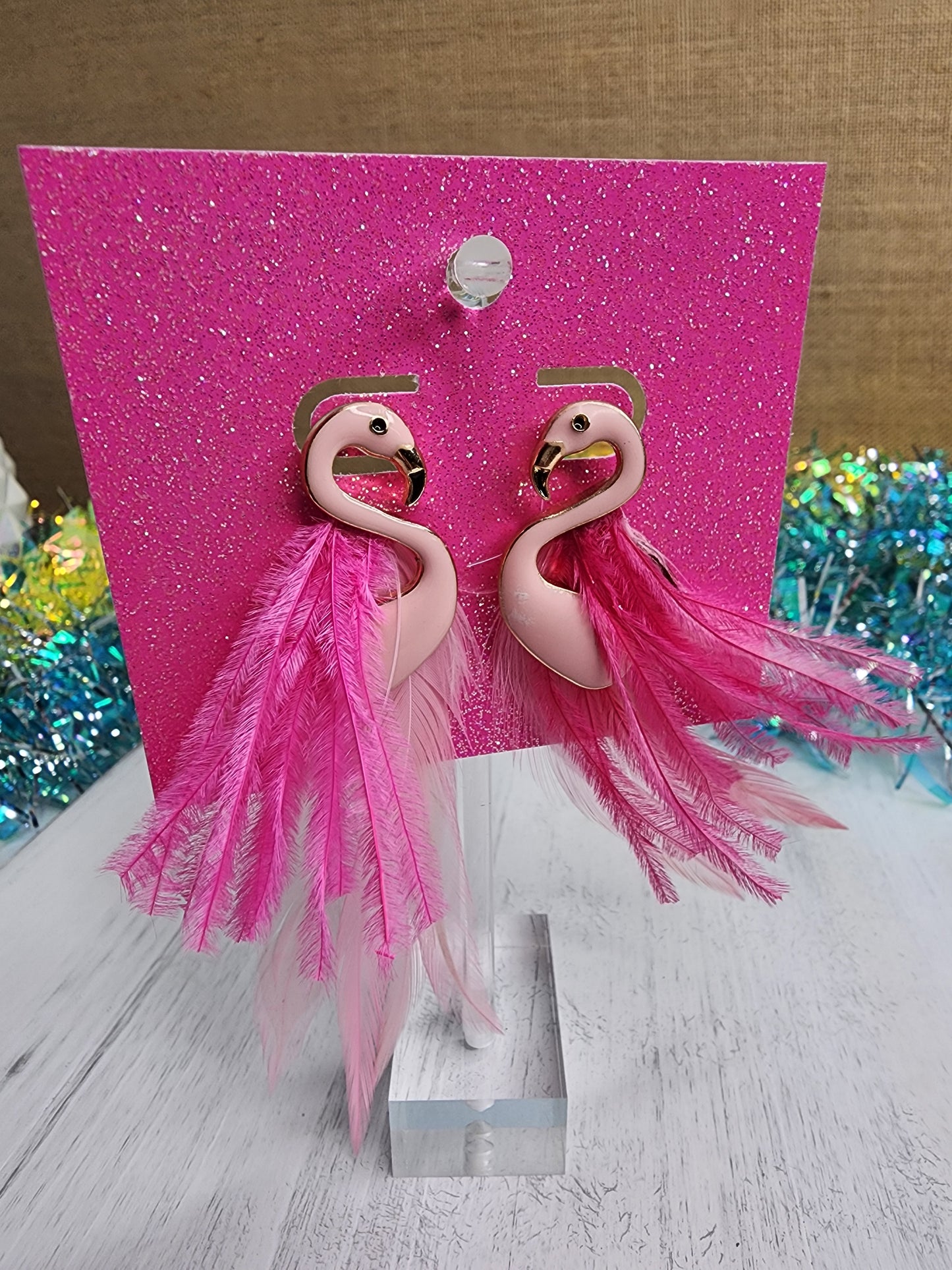 Epoxy Flamingo & Feather Earrings (Light Pink)
