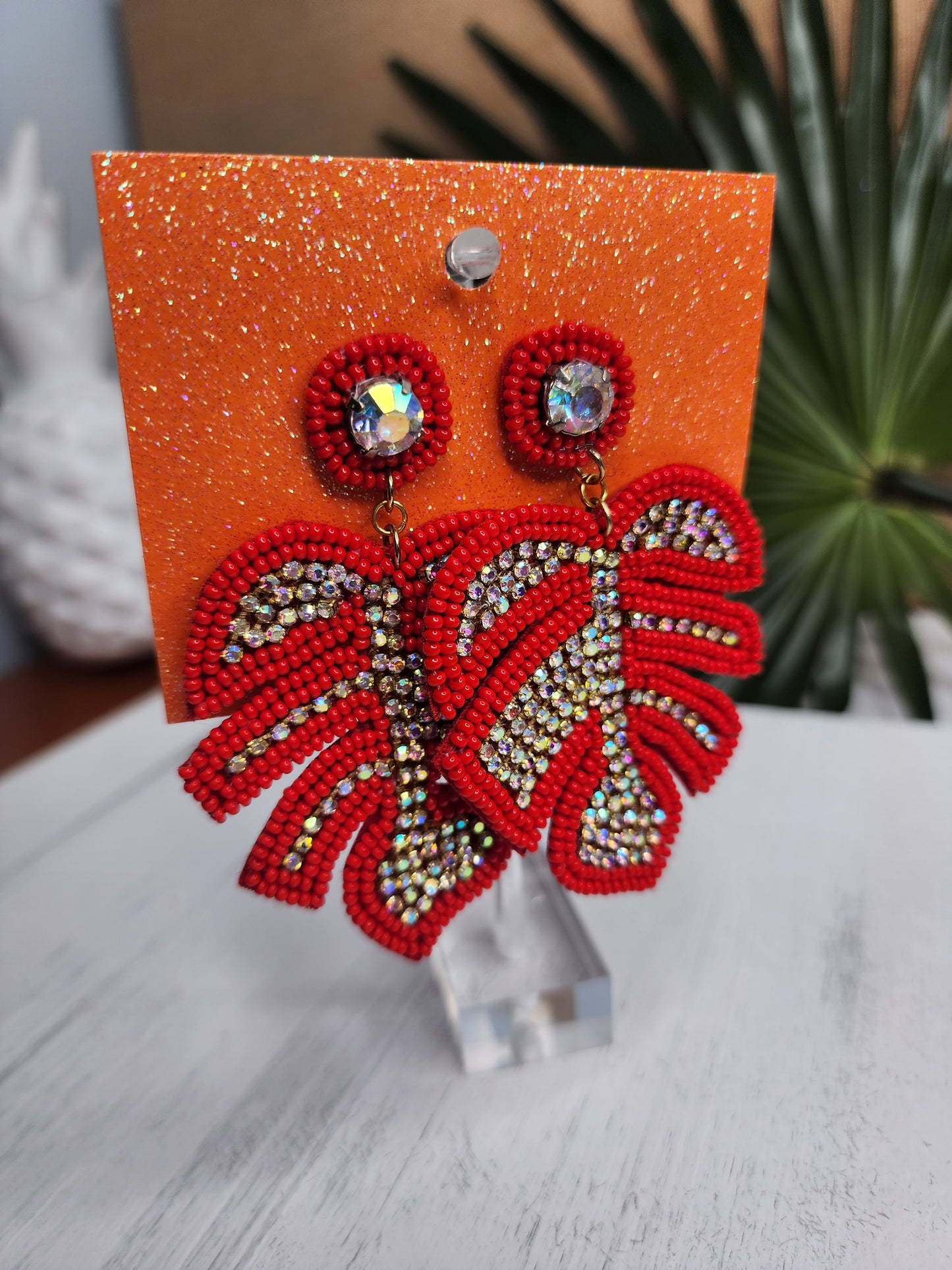 Leaf Bead & Crystal Earrings in Red