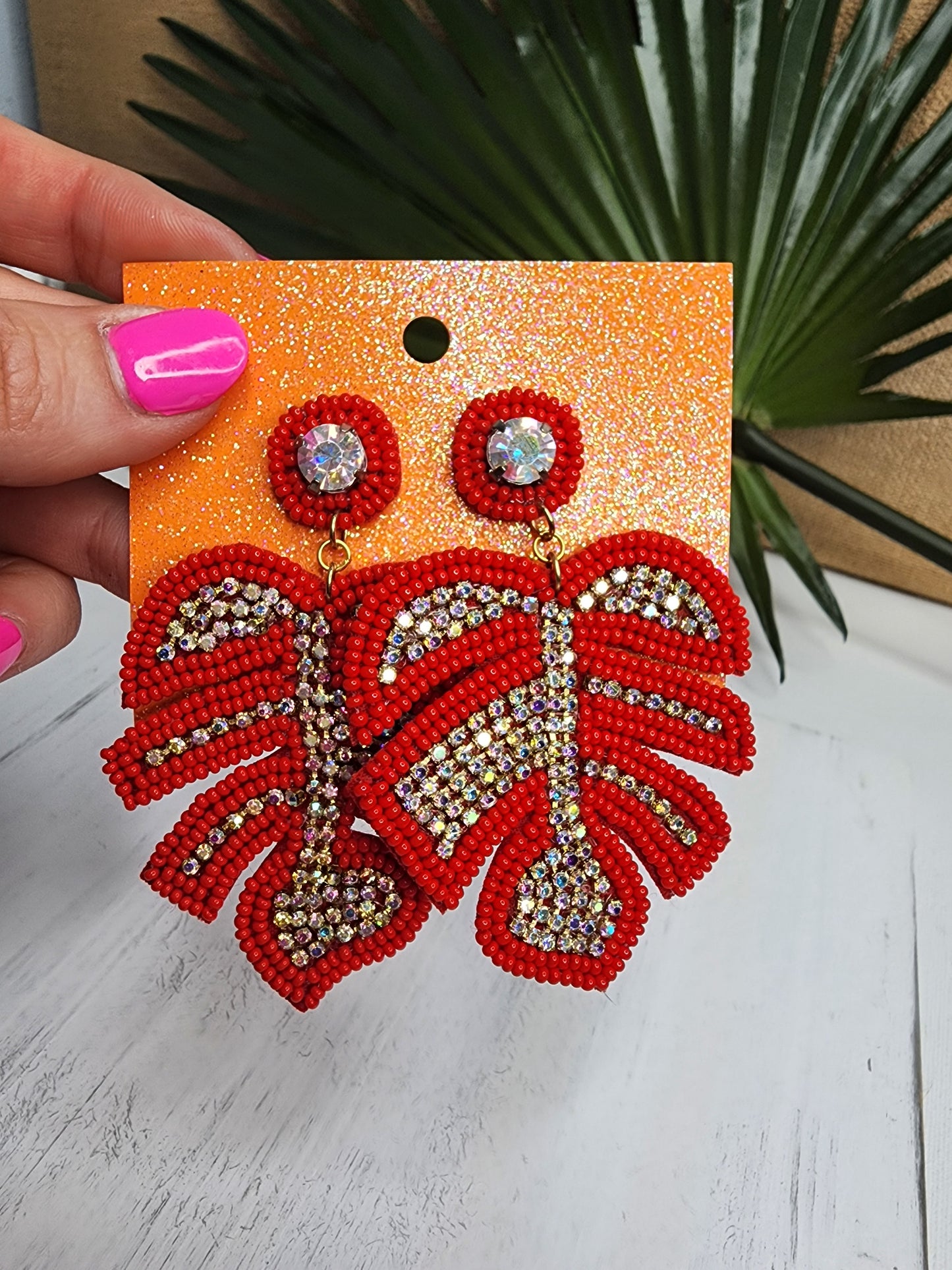 Leaf Bead & Crystal Earrings in Red