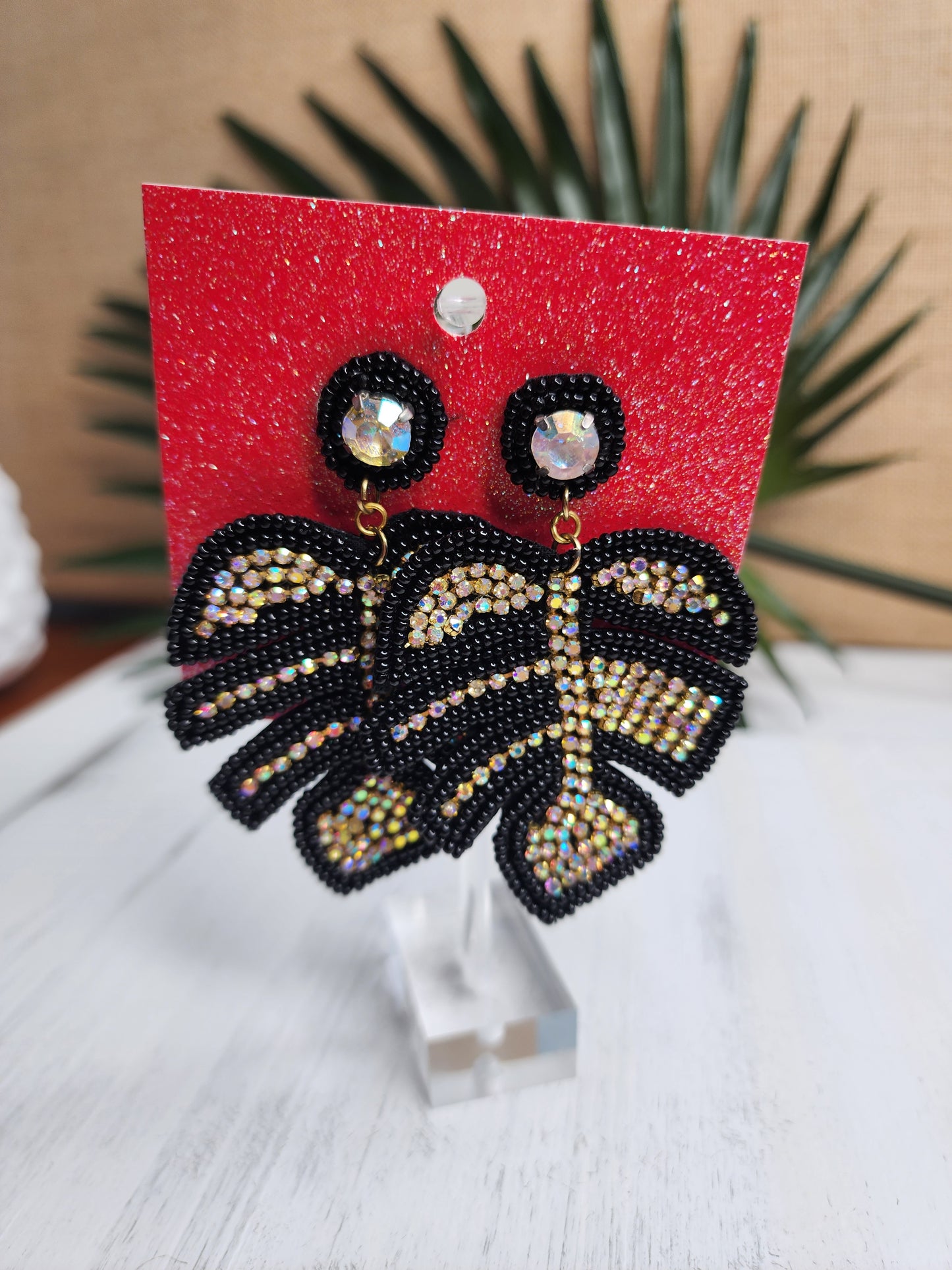Leaf Bead & Crystal Earrings in Black