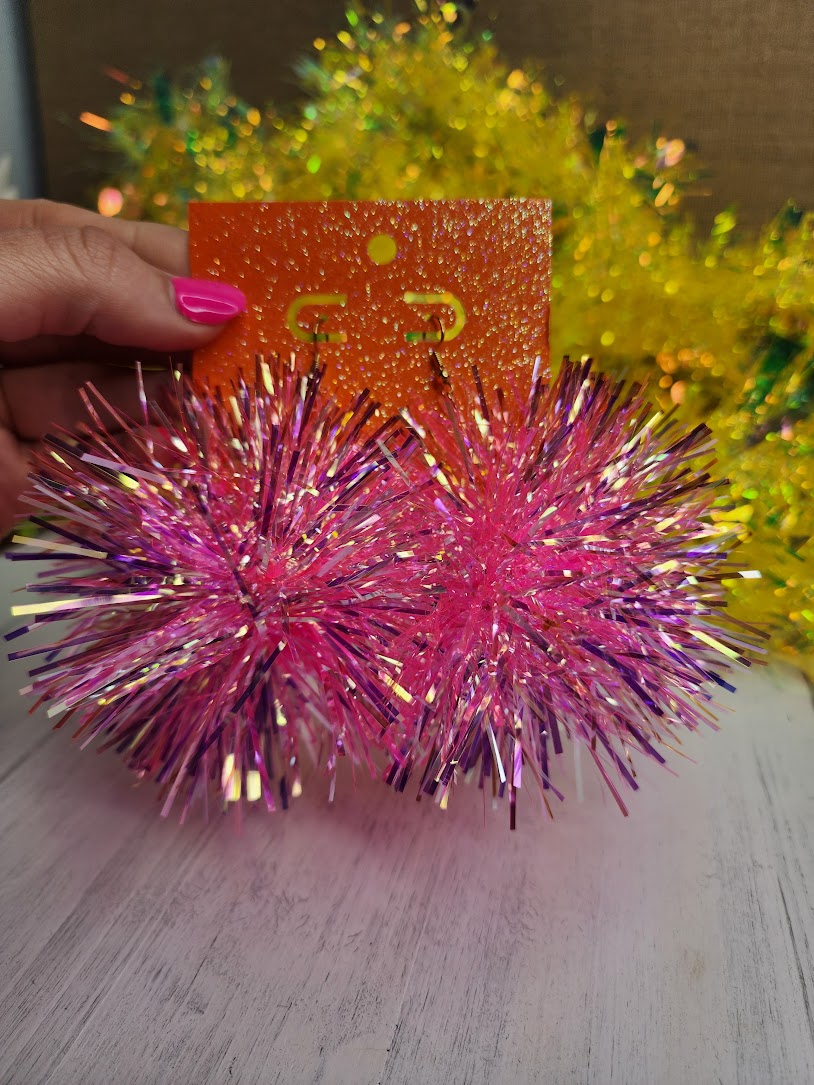 Pink Iridescent Skinny Tinsel Pom Pom Earrings