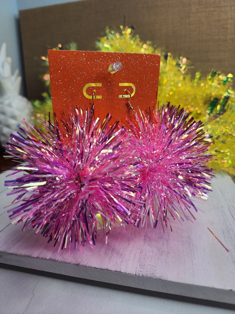 Pink Iridescent Skinny Tinsel Pom Pom Earrings