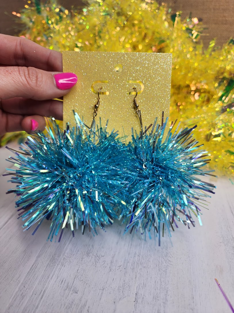 Light Blue Iridescent Skinny Tinsel Pom Pom Earrings