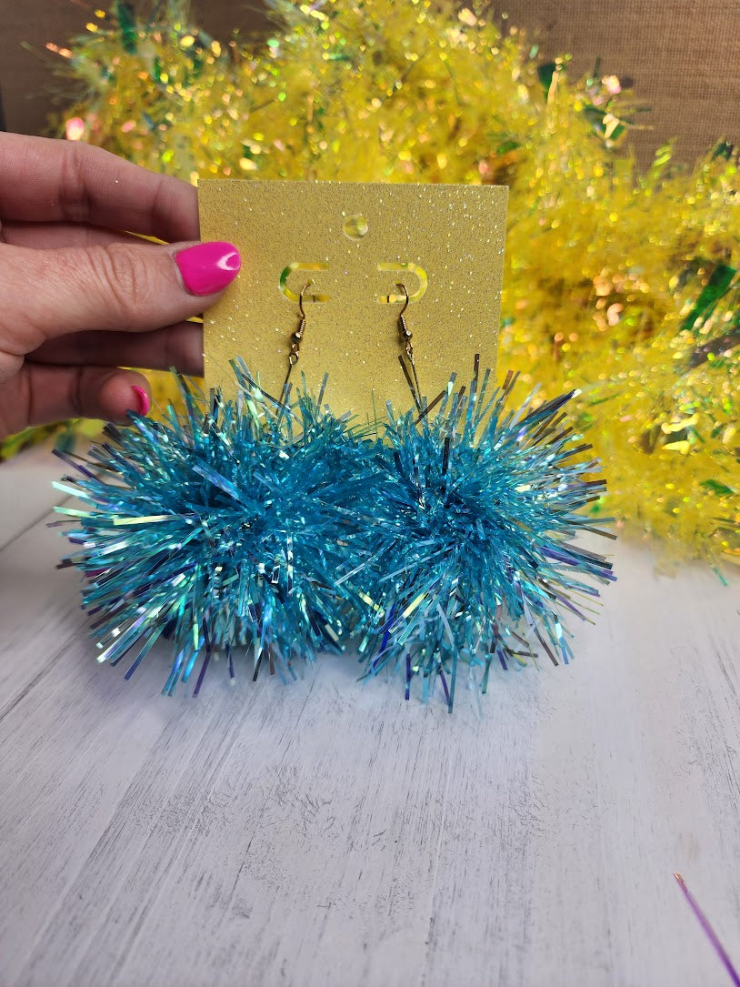 Light Blue Iridescent Skinny Tinsel Pom Pom Earrings