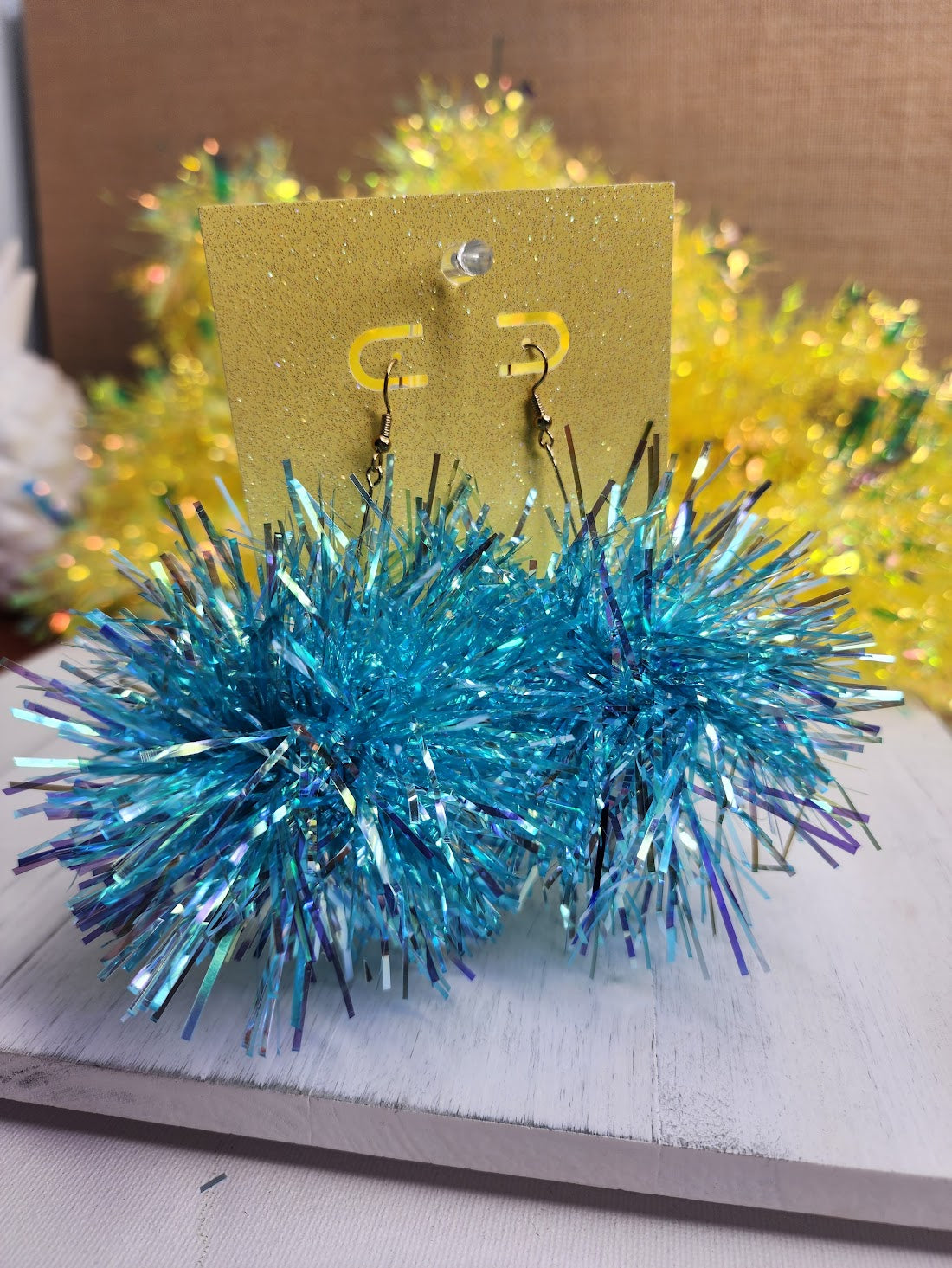 Light Blue Iridescent Skinny Tinsel Pom Pom Earrings