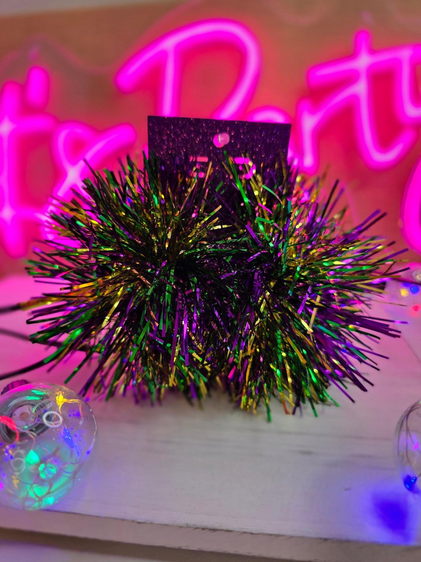 Large Mardi Gras Purple Green and Gold Handmade Pom Pom Tinsel Earrings
