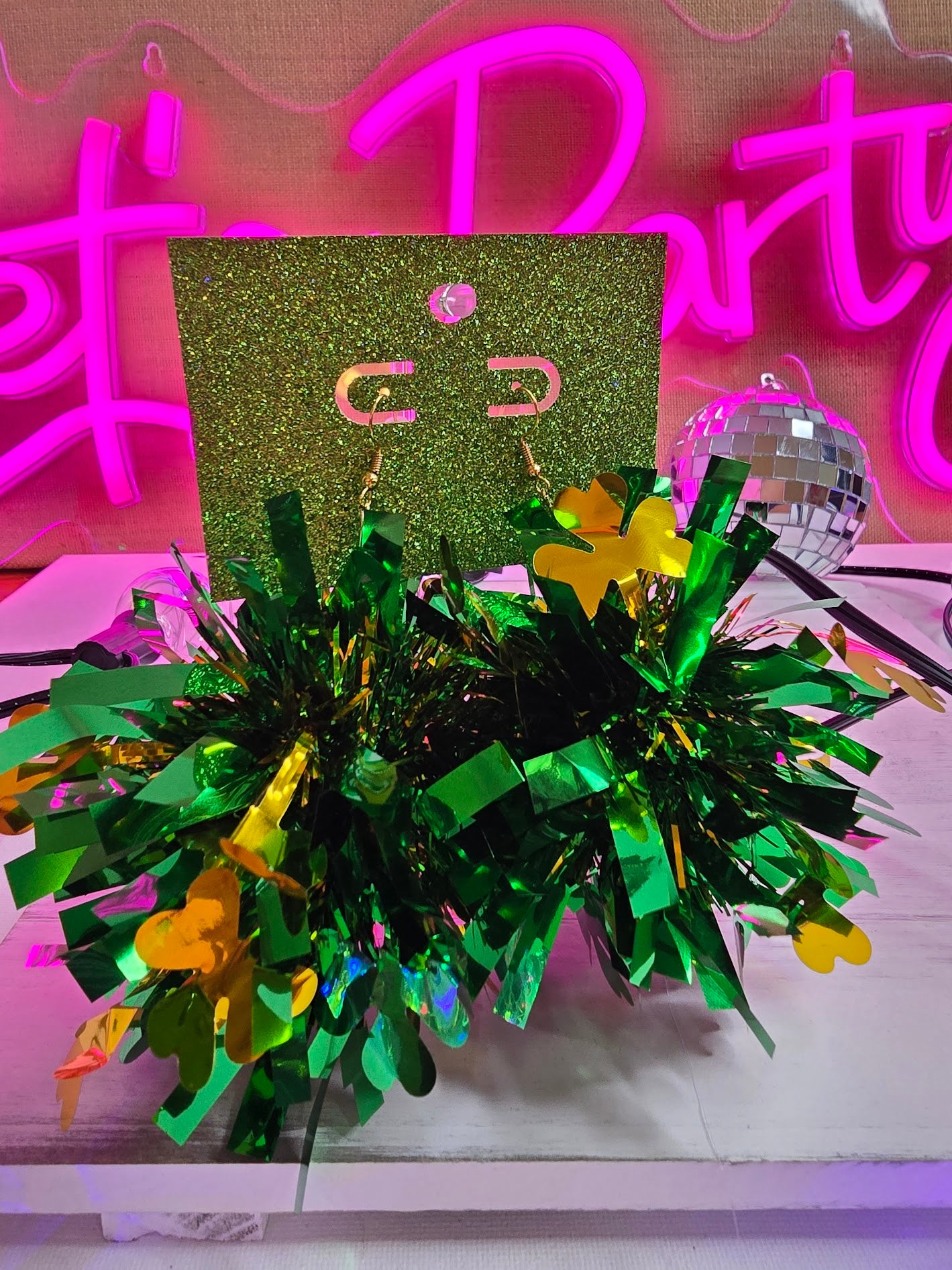 St. Patrick's Day Pom Pom Green & Gold Tinsel Earrings