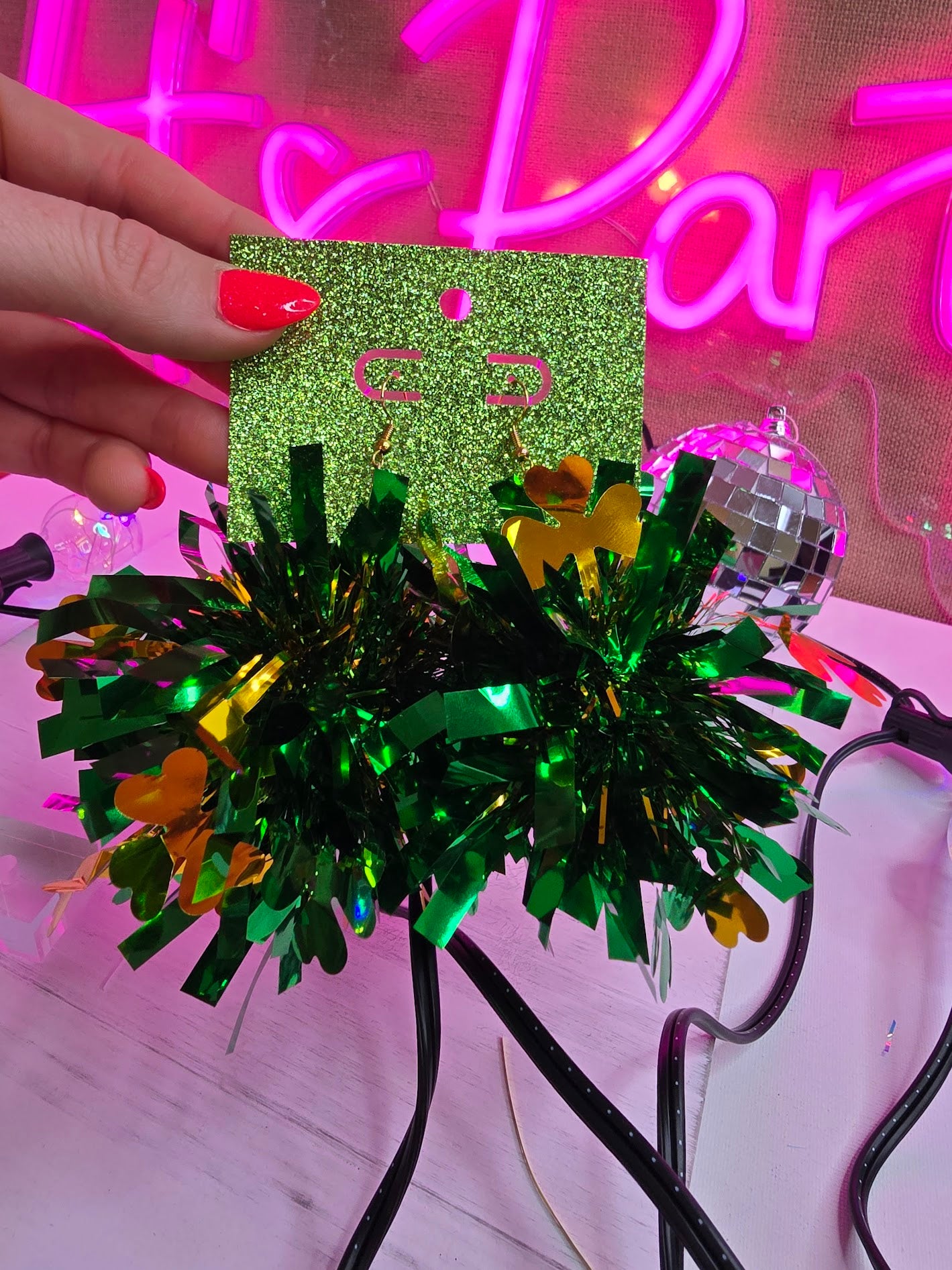 St. Patrick's Day Pom Pom Green & Gold Tinsel Earrings