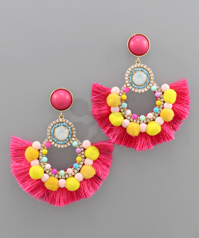 Pompom Circle Tassel Earrings