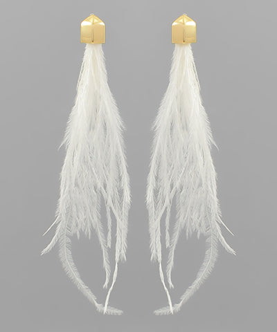 Long Feather Fringe Earrings - White