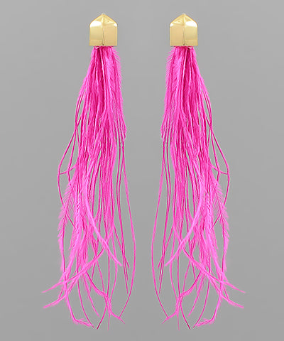 Long Feather Fringe Earrings - Fuchsia