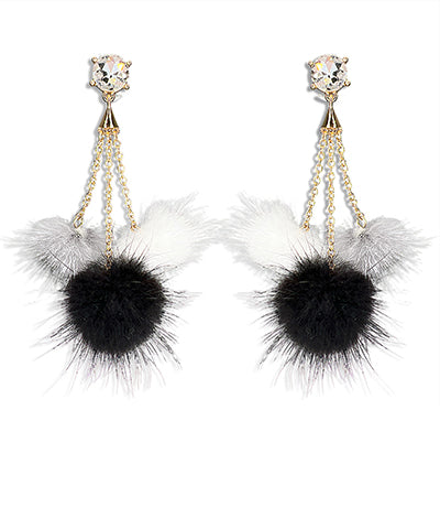 PomPom & Chain Drop Earrings - Black