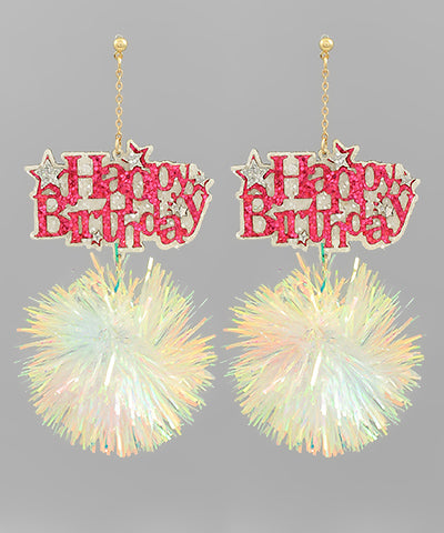 "Happy Birthday" White Pom Pom Glitter Earrings