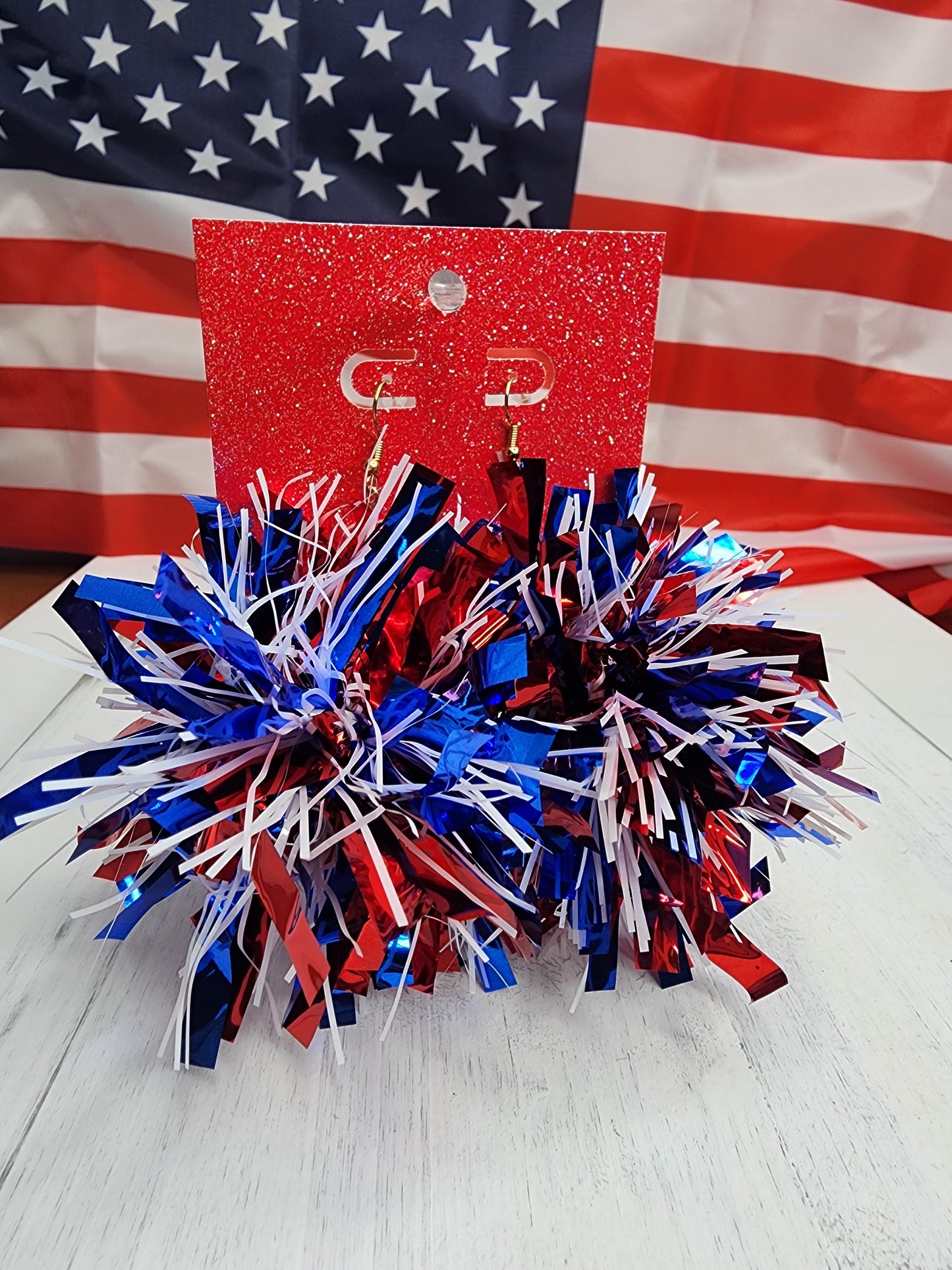 Red, White & Blue Pom Pom Tinsel Earrings