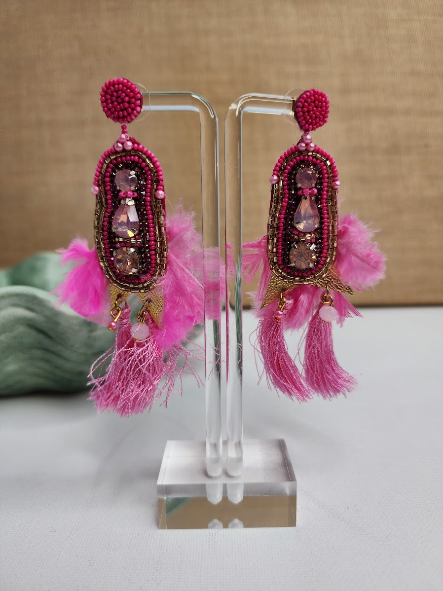 Pink Ladies with Feathers Earrings