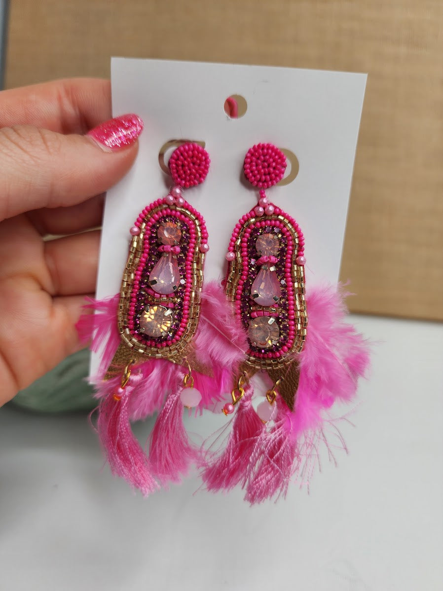 Pink Ladies with Feathers Earrings