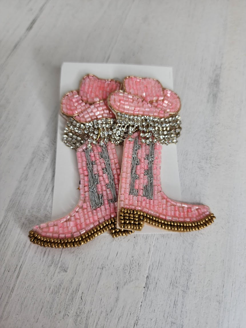 Cowgirl Boot And Hat Seed Beaded Drop Earrings - Pink