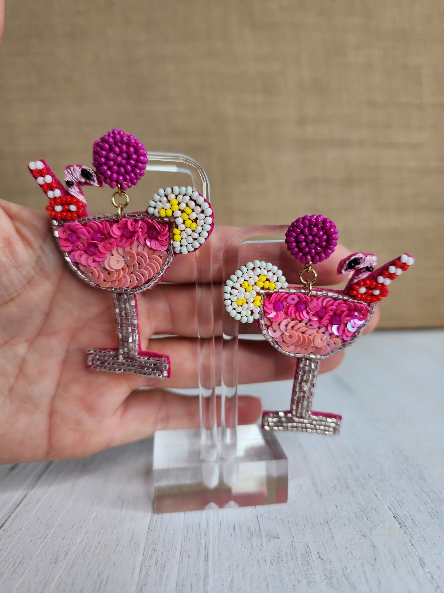 Pink Flamingo in a Fun Drink Earrings - Pink