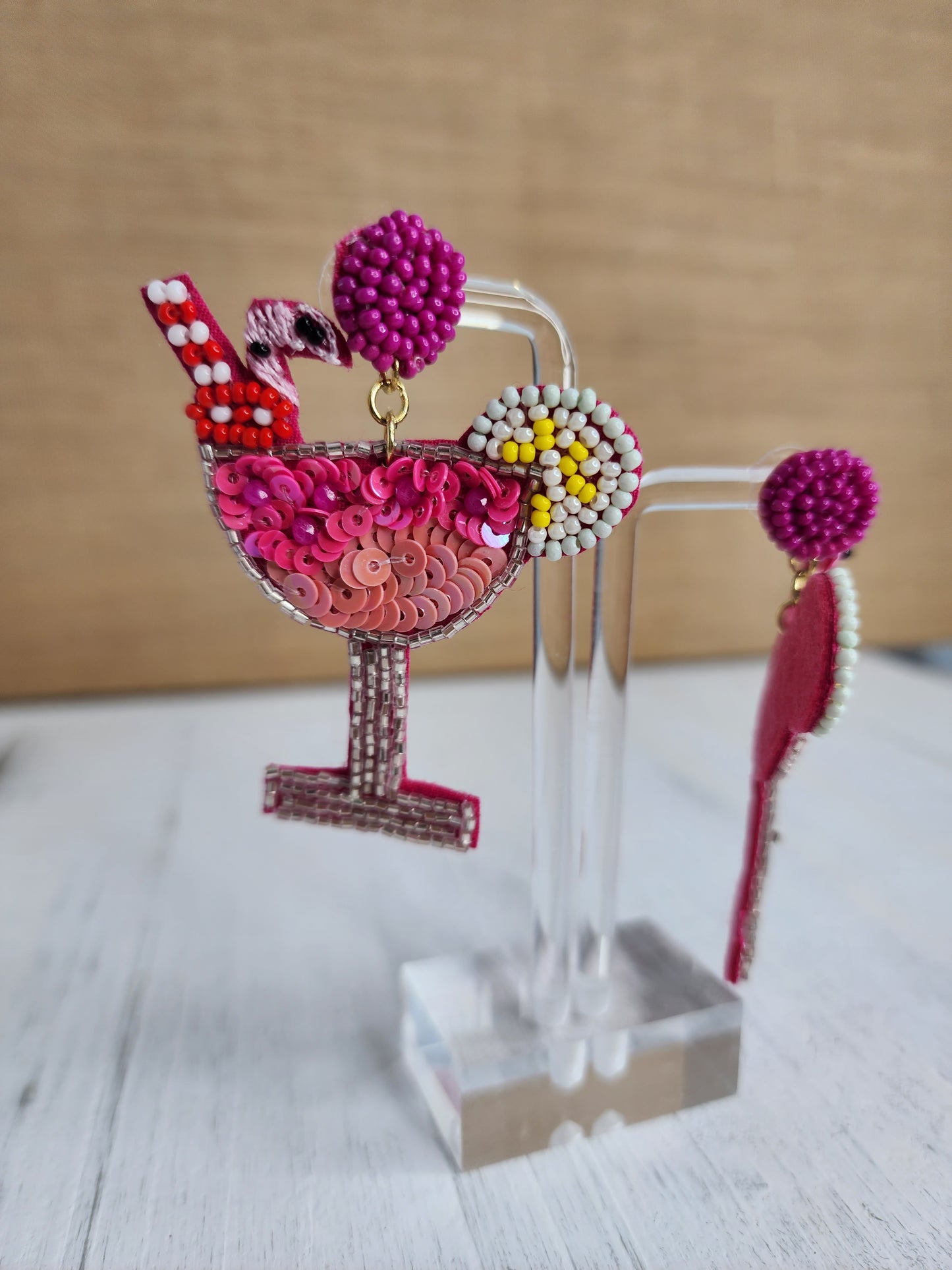 Pink Flamingo in a Fun Drink Earrings - Pink