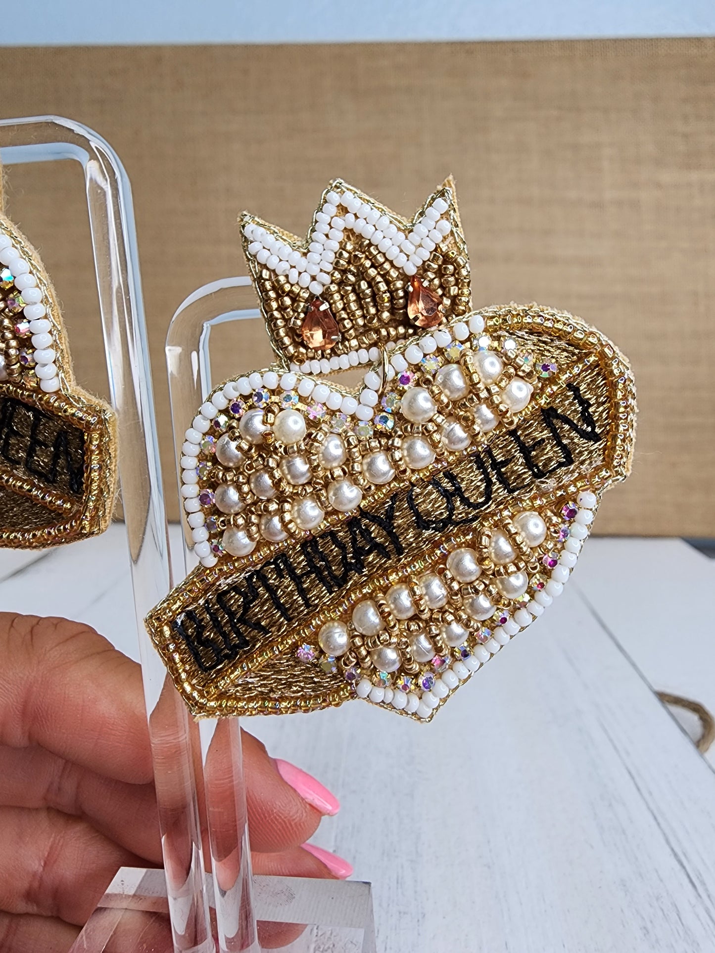 Birthday Queen Beaded Heart Earrings - Gold
