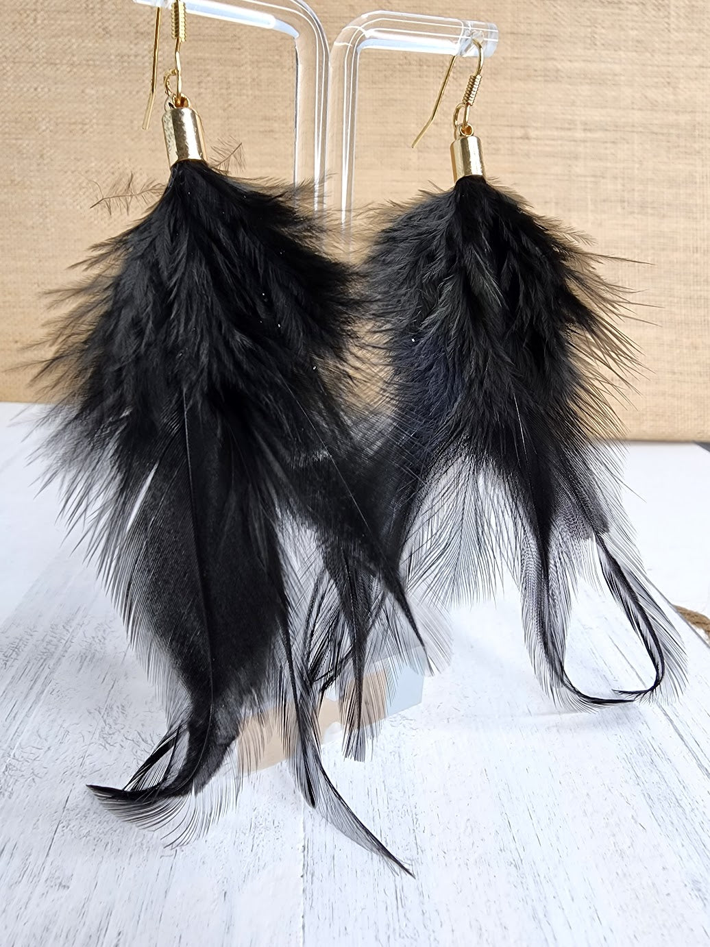 Feather Drop Earrings - Black