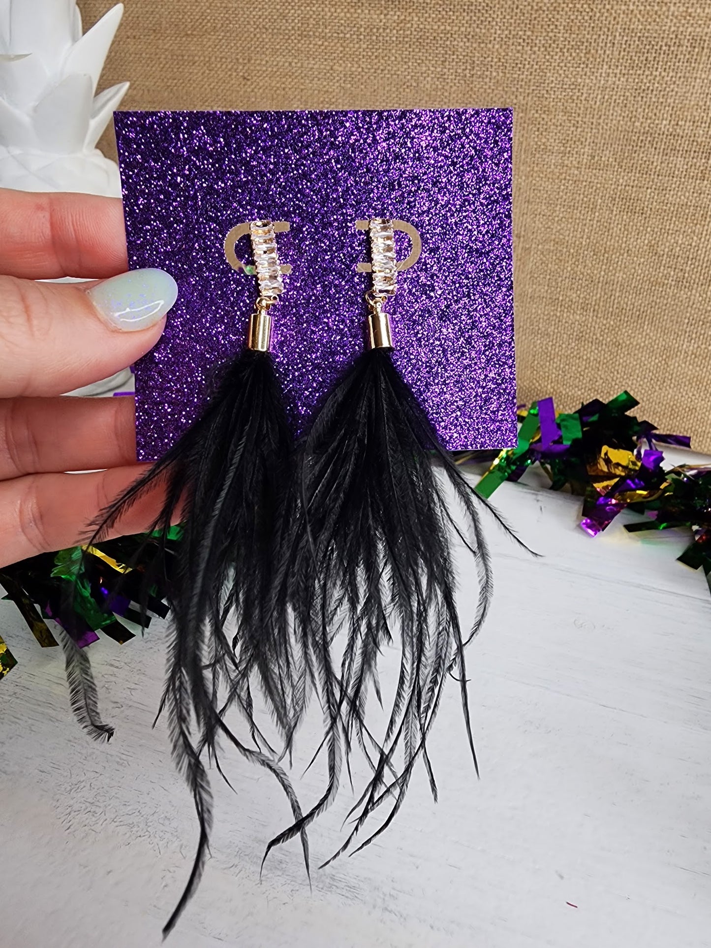 Feather and Rhinestone Earrings in Black