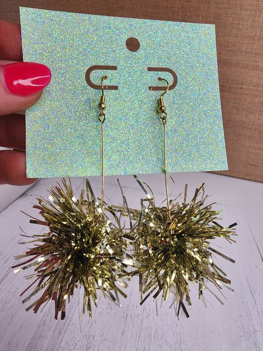 Small Gold Pom Pom Tinsel Earrings